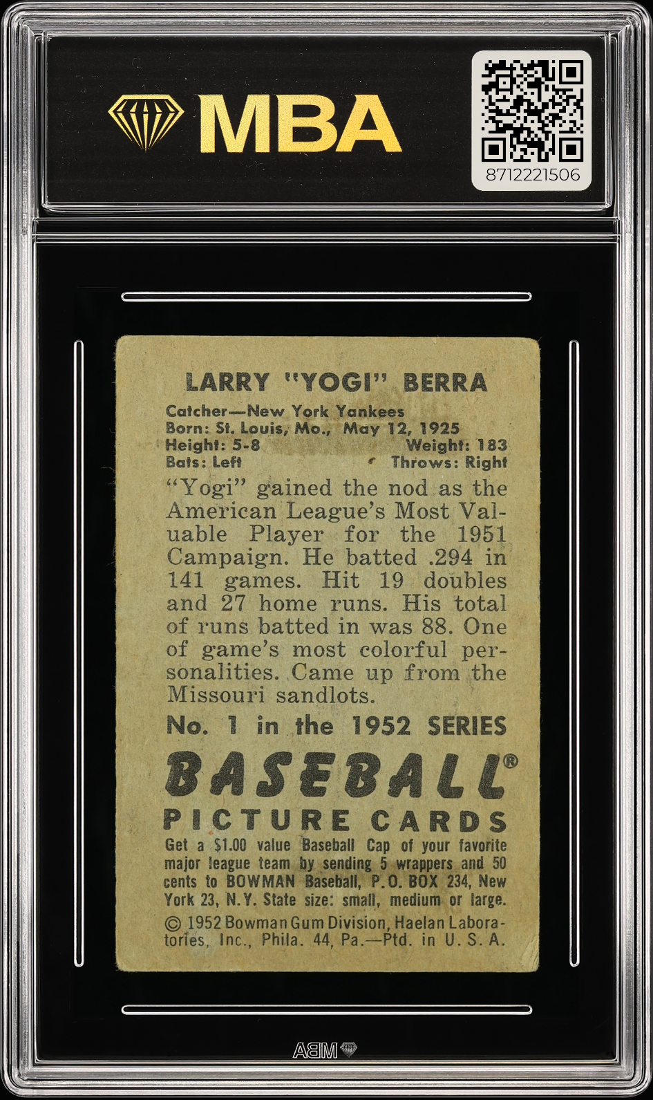 1952 Bowman Yogi Berra #1 MBA 1