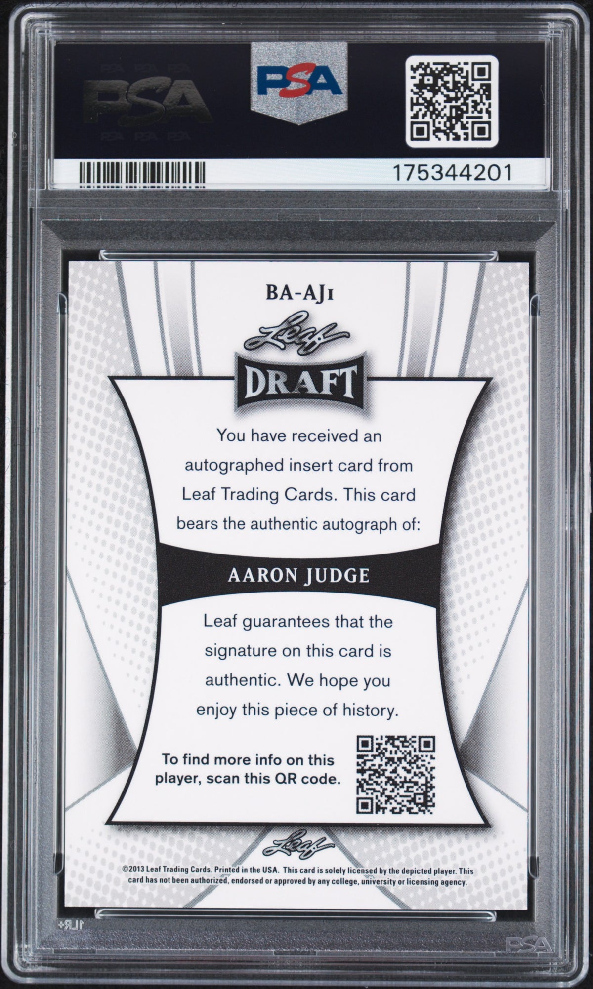 2013 Leaf Metal Draft Autographs Aaron Judge #BAAJ1 PSA 9 Auto 10
