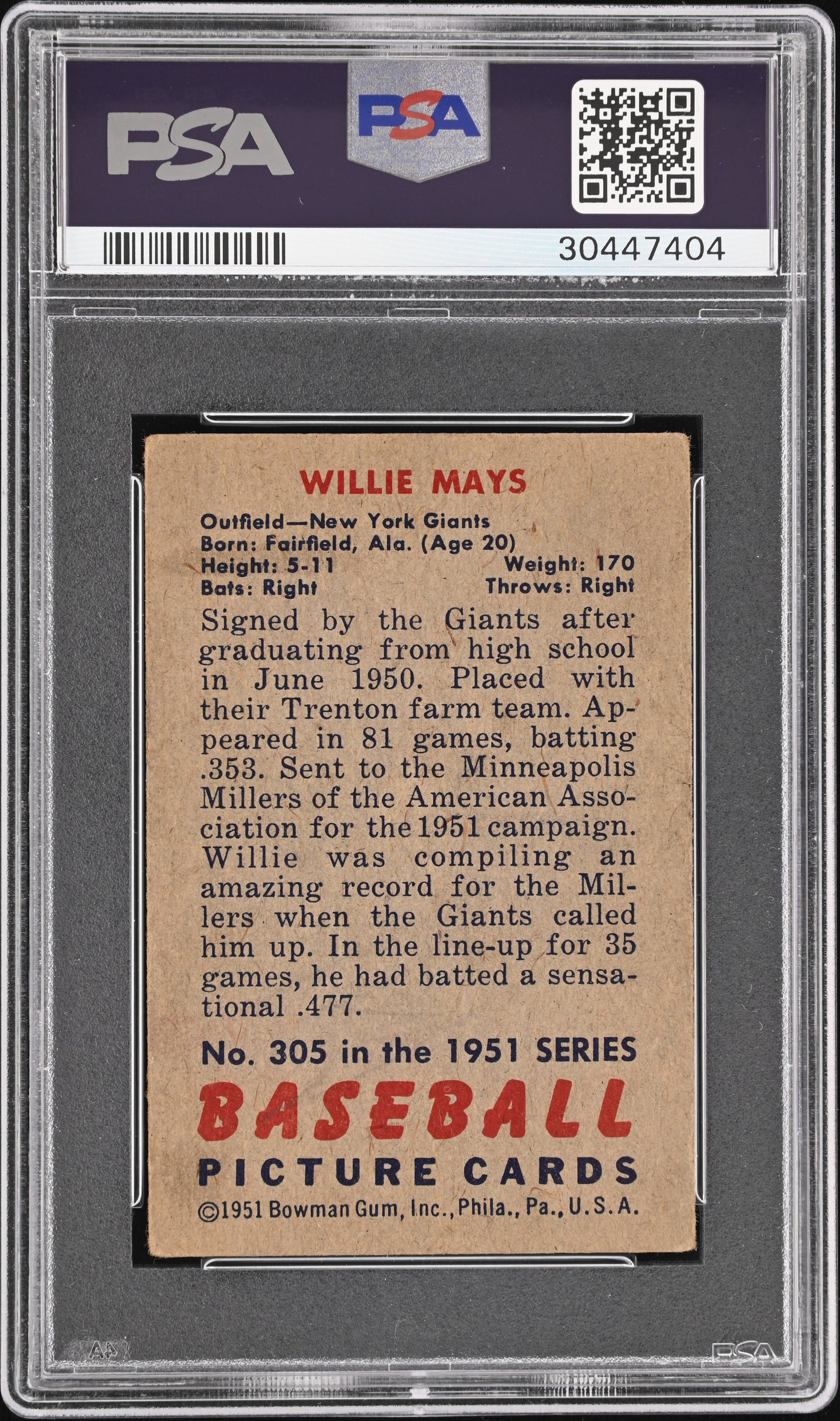 1951 Bowman Willie Mays #305 PSA 3
