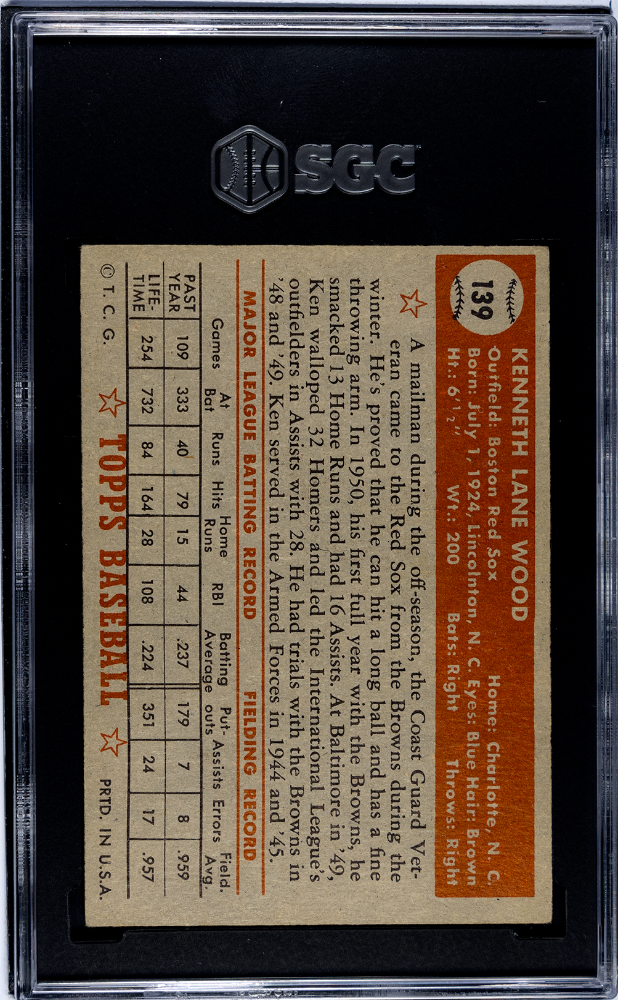 1952 Topps Ken Wood #139 Gray Back SGC 1