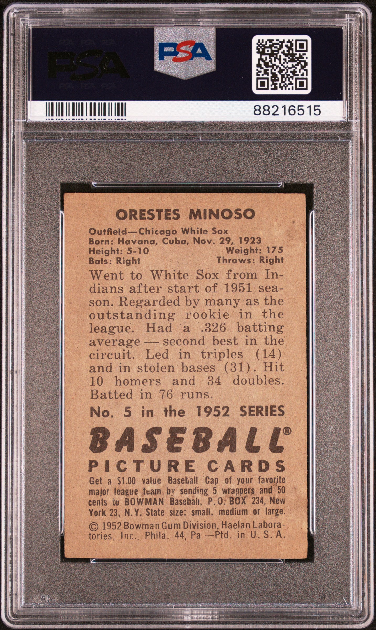 1952 Bowman Orestes Minoso #5 PSA 3 Auto 8
