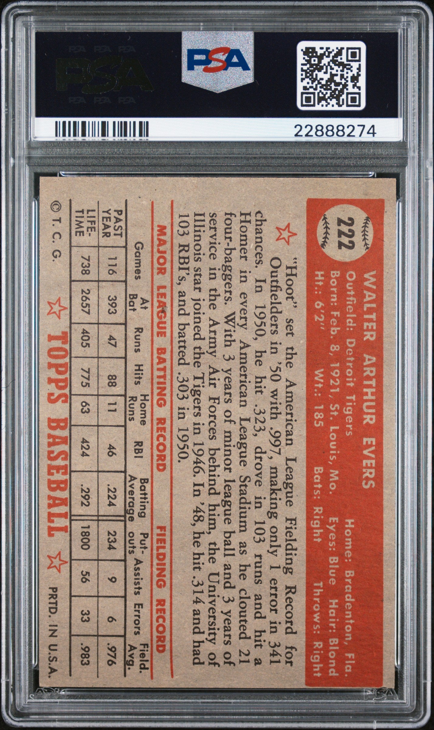 1952 Topps Hoot Evers #222 PSA 7