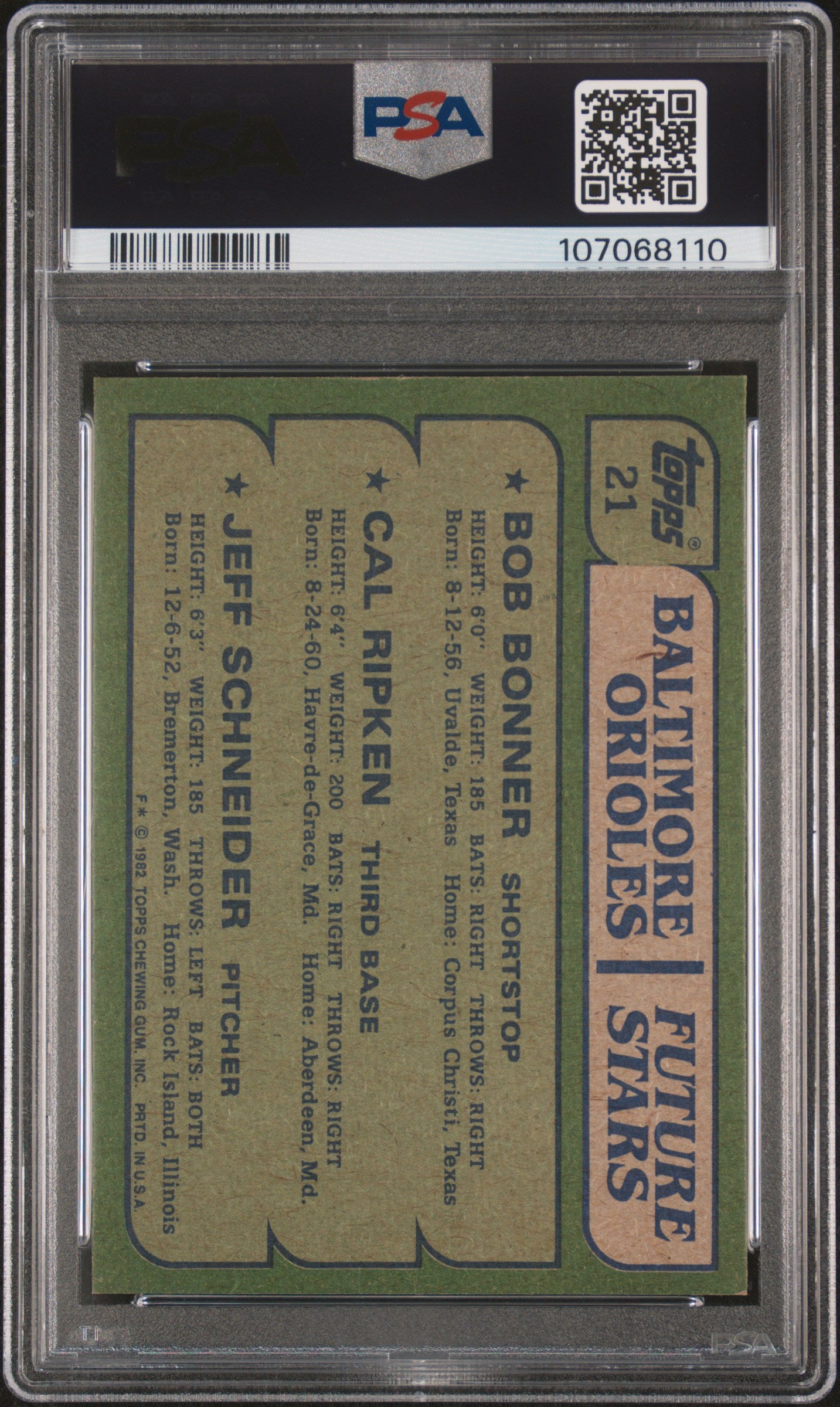 1982 Topps Orioles Future Stars #21 Bonner Ripken Schneider PSA 7