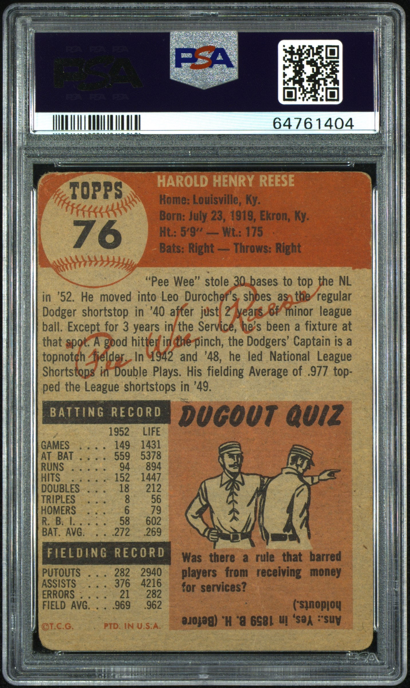 1953 Topps Pee Wee Reese #76 PSA 1