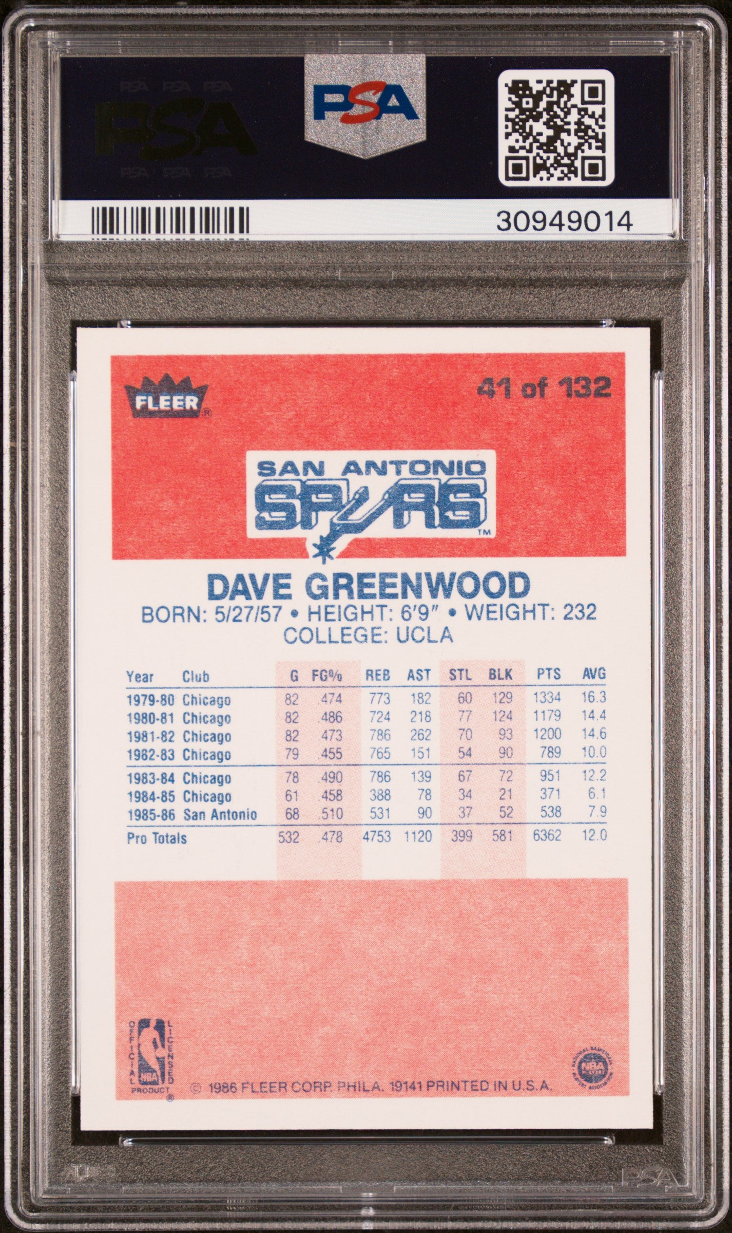 1986 Fleer Dave Greenwood #41 PSA 9