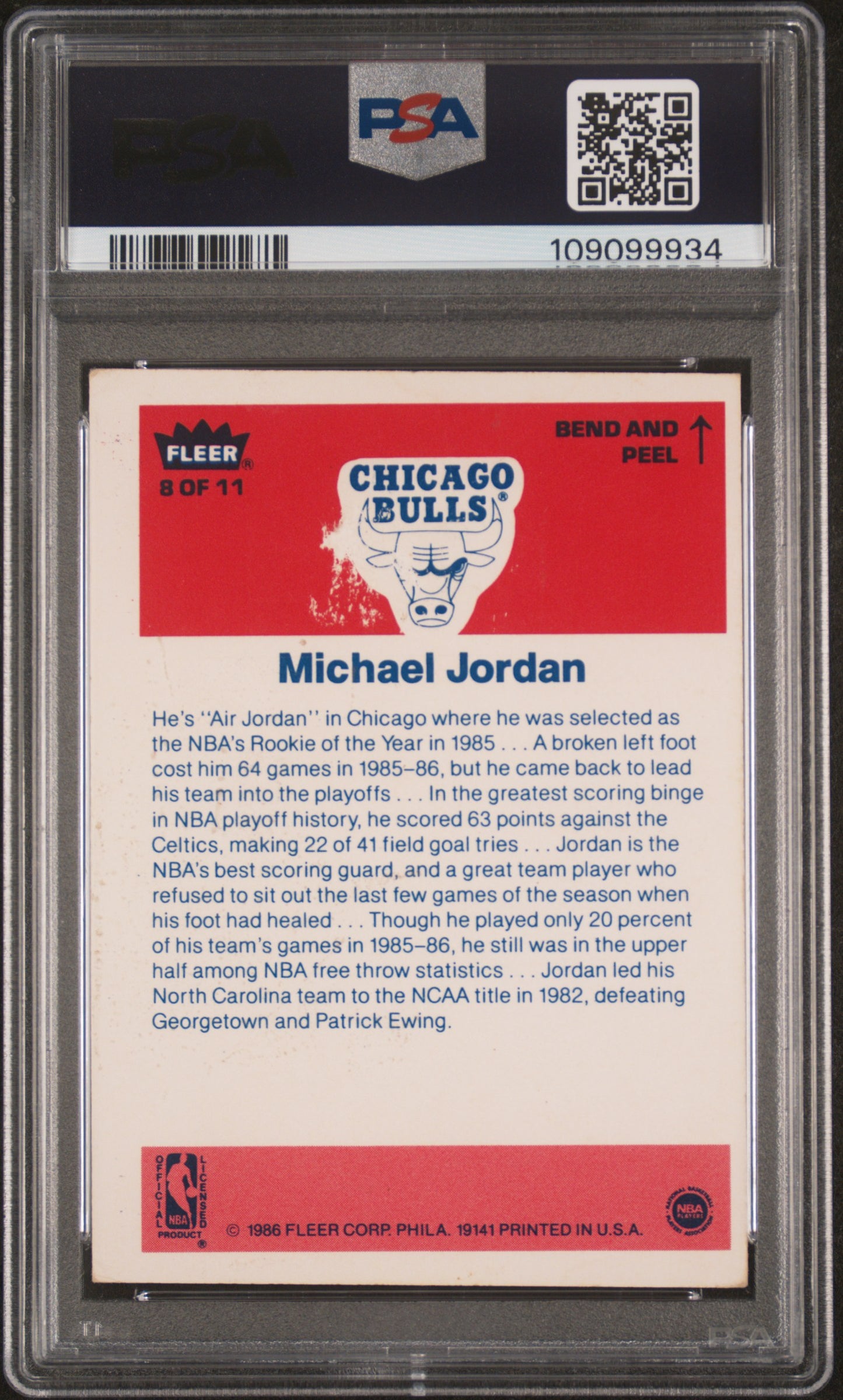 1986 Fleer Sticker Michael Jordan #8 PSA 2