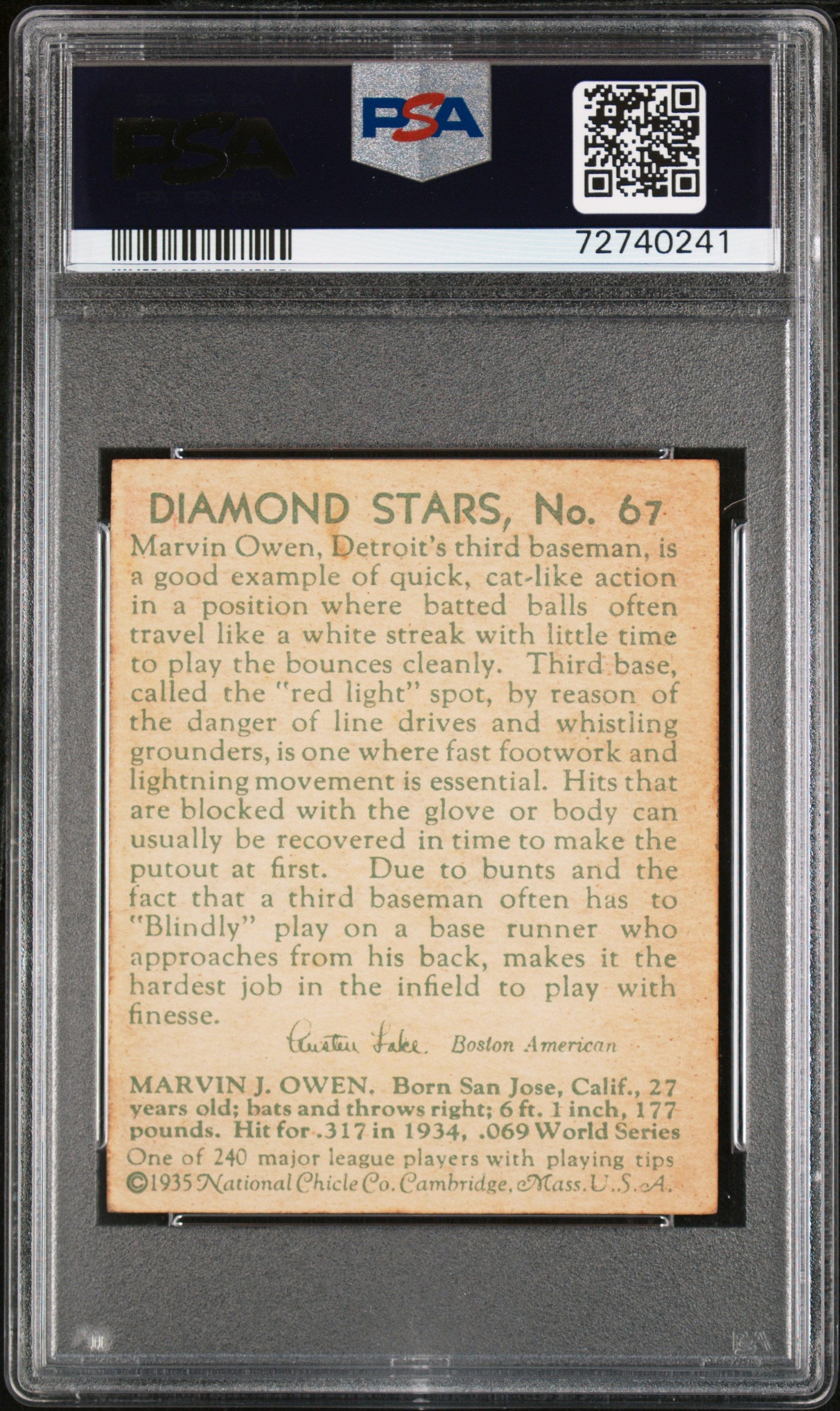 1935 Diamond Stars Marvin Owen #67 PSA 6