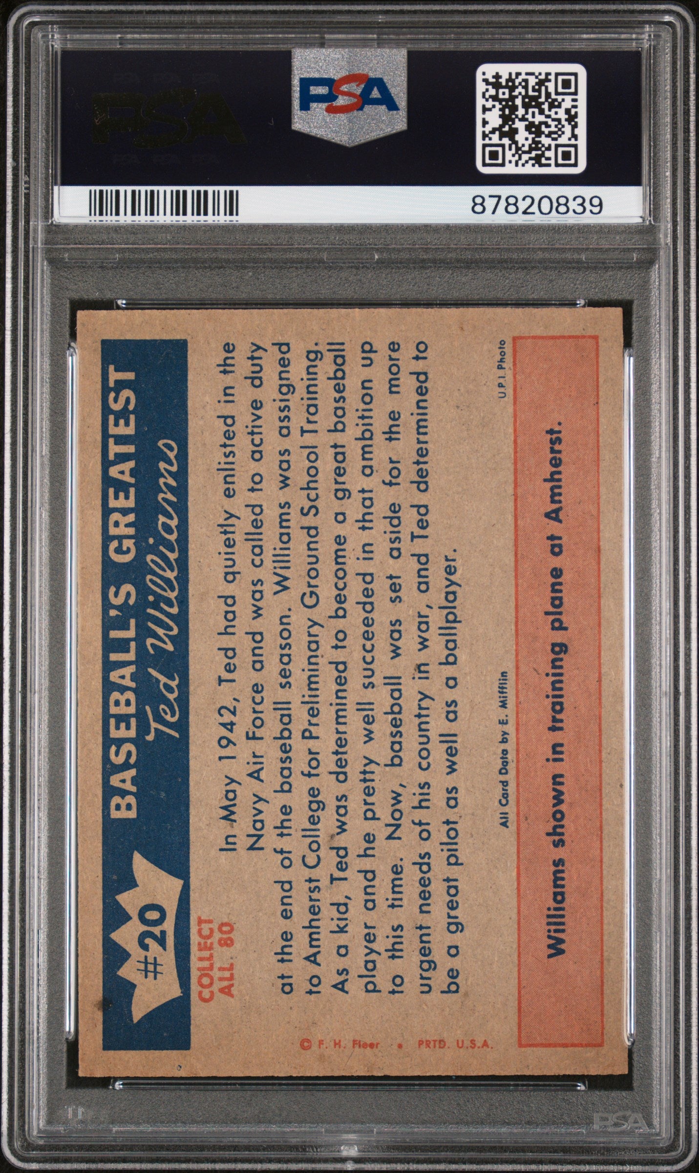 1959 Fleer Ted Williams 1942-On To Naval #20 Training PSA 6