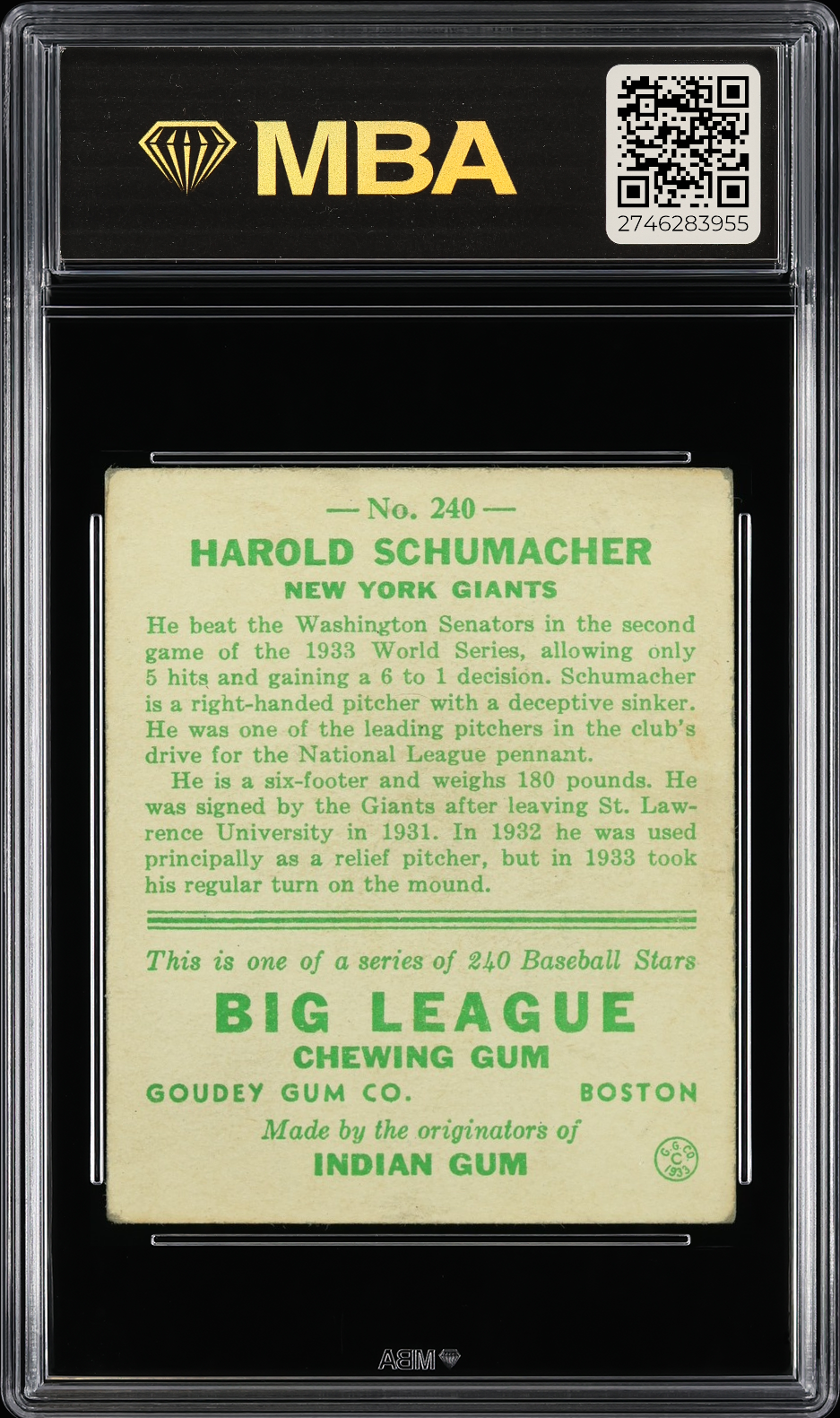 1933 Goudey Harold Schumacher #240 MBA 3.5