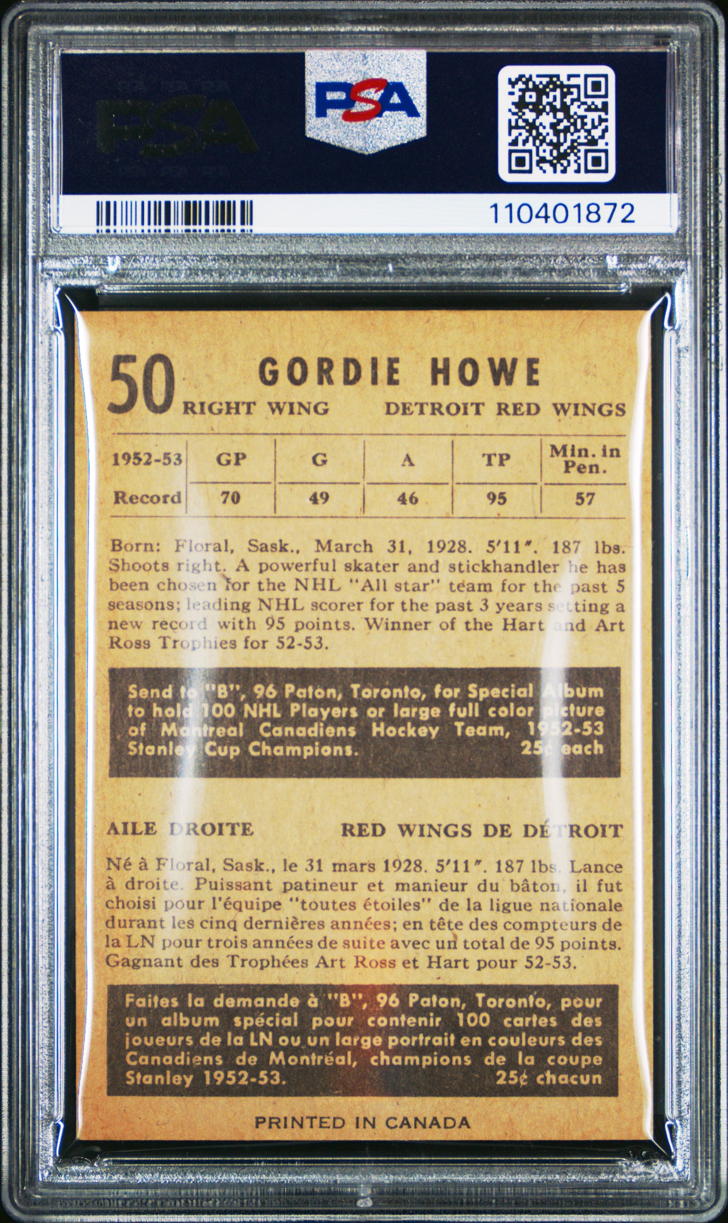 1953 Parkhurst Gordie Howe #50 PSA 7