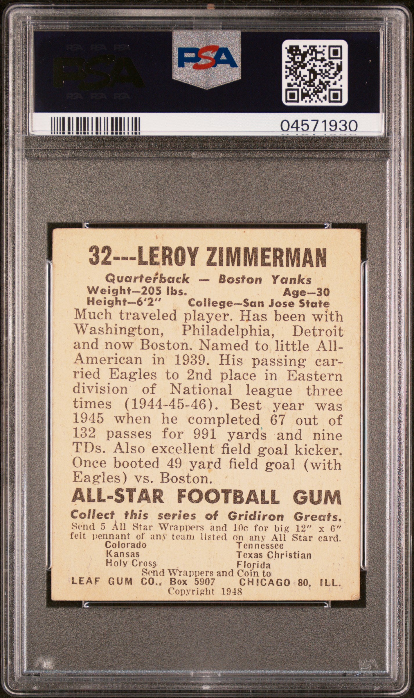 1948 Leaf Leroy Zimmerman #32 Green Jersey Numbers PSA 4