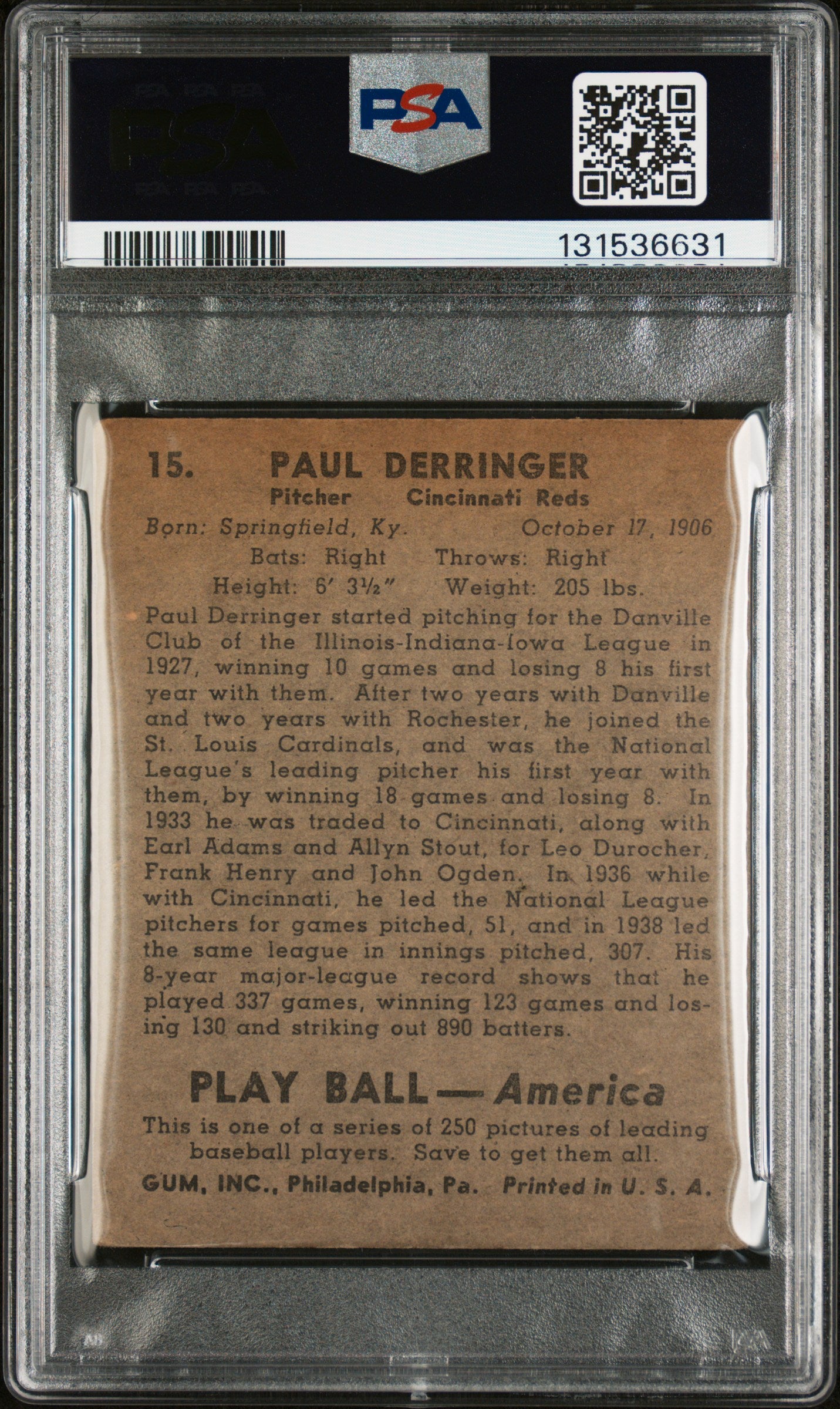 1939 Play Ball Paul Derringer #15 PSA 3