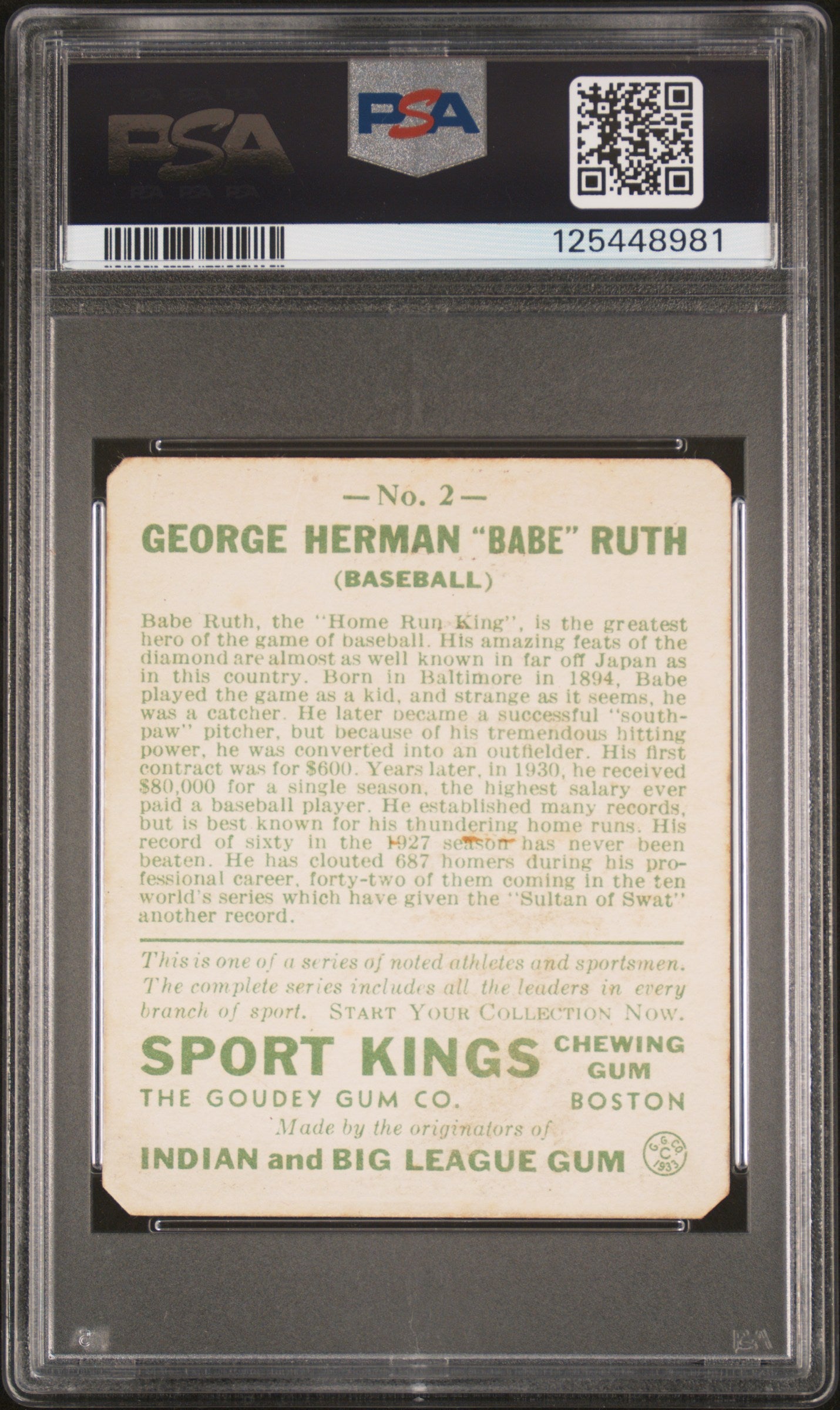 1933 Sport Kings Babe Ruth #2 Baseball PSA A