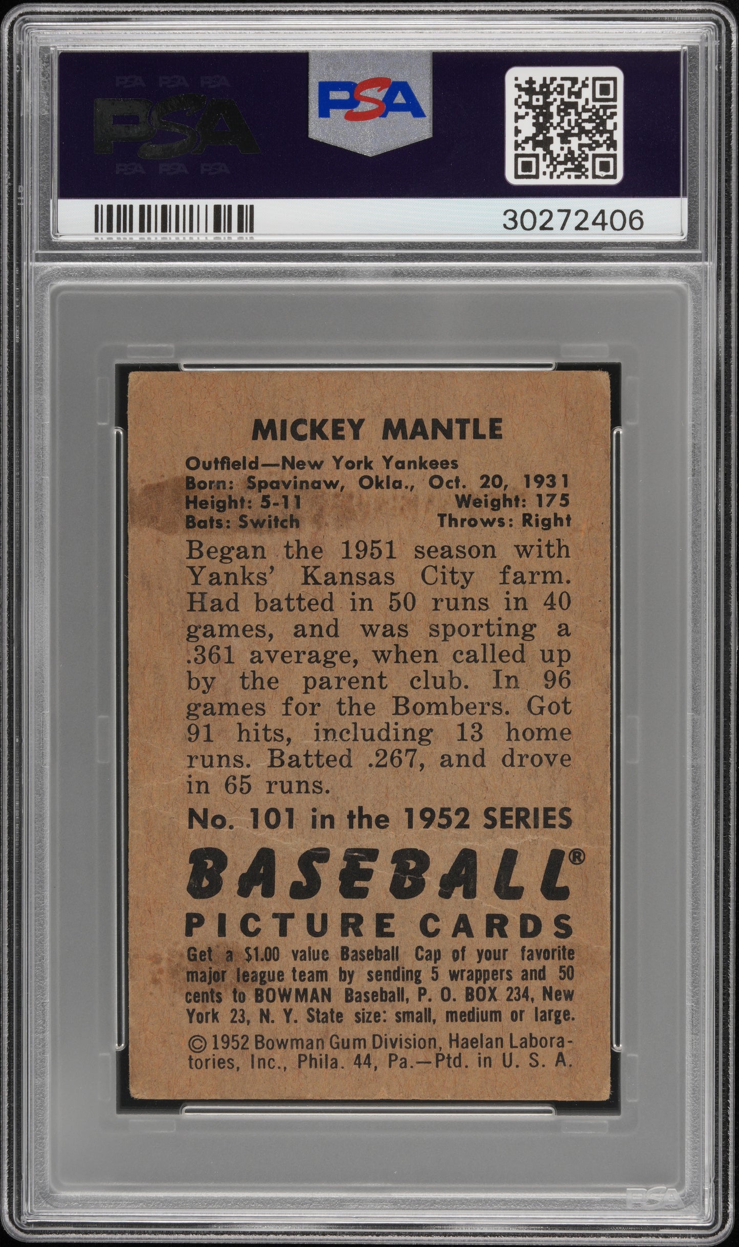 1952 Bowman Mickey Mantle #101 PSA 1 Auto 10