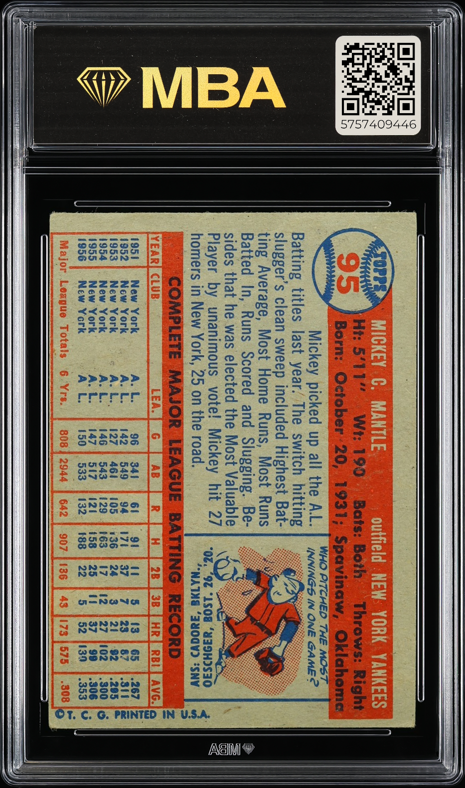 1957 Topps Mickey Mantle #95 MBA 3
