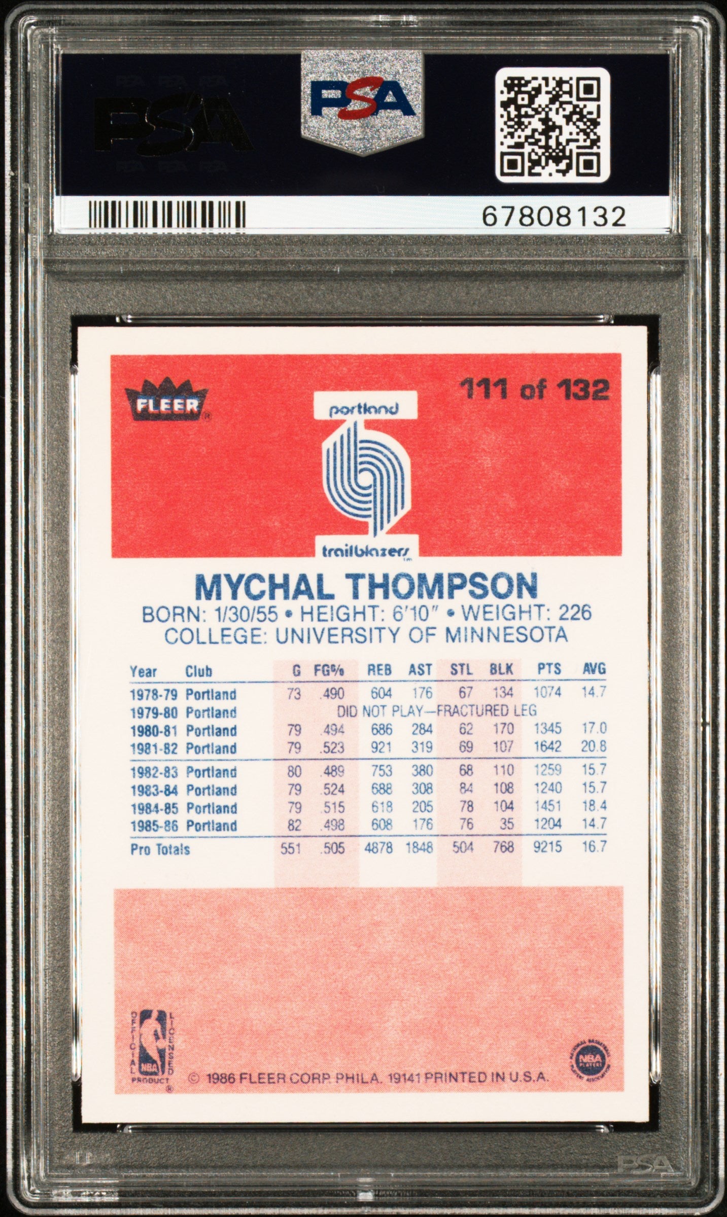 1986 Fleer Mychal Thompson #111 PSA 9