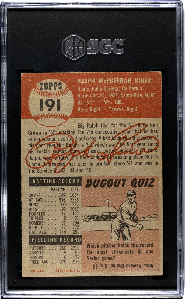 1953 Topps Ralph Kiner #191 SGC 3