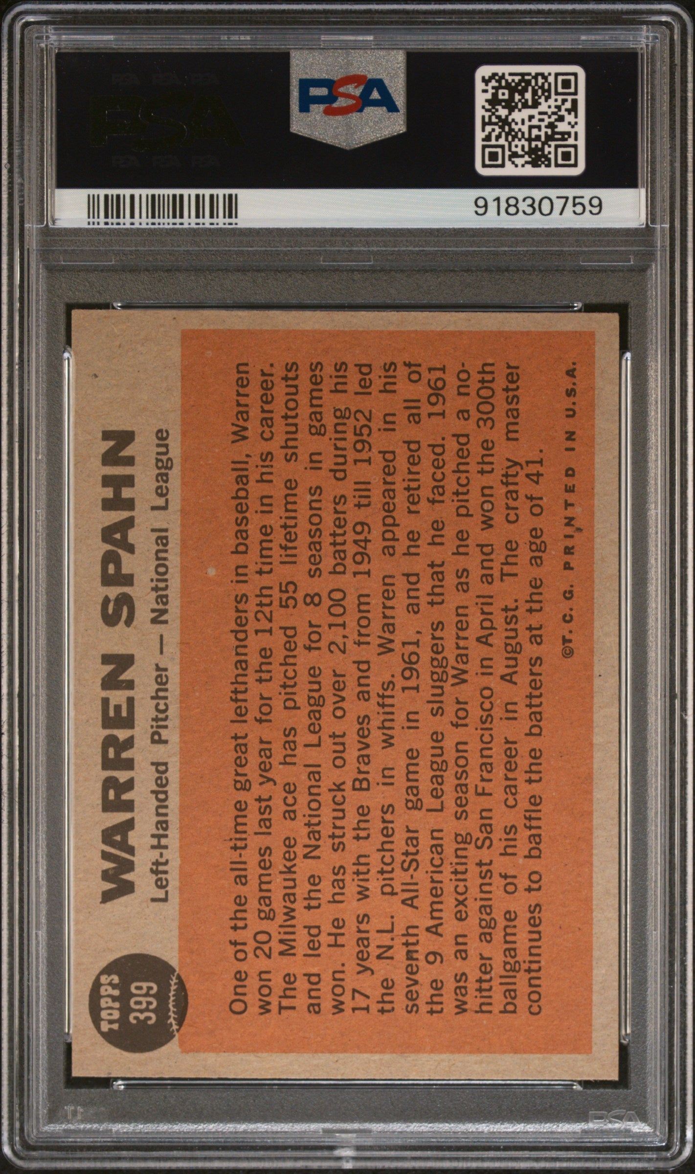 1962 Topps Warren Spahn #399 All Star PSA 8.5