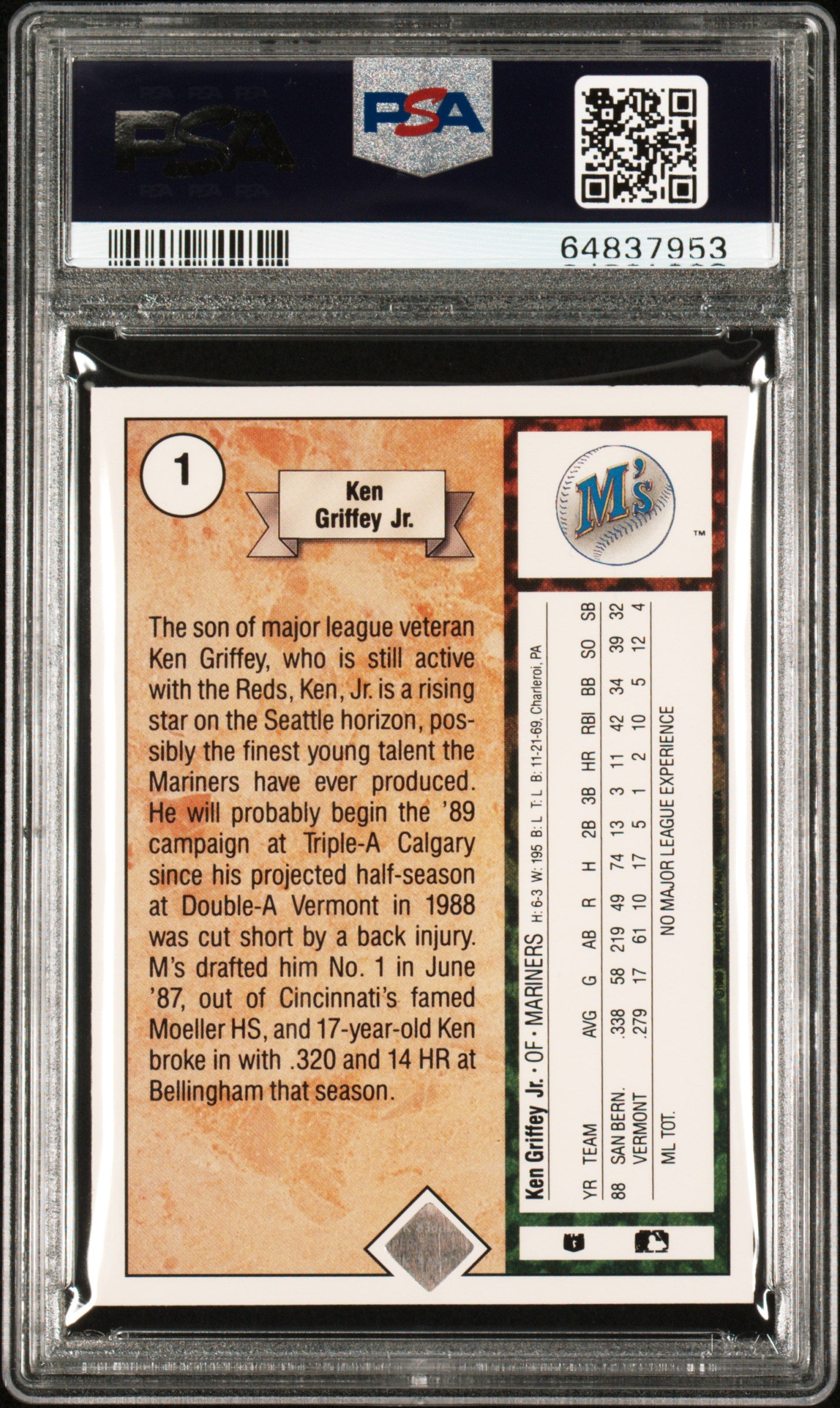 1989 Upper Deck Ken Griffey JR. #1 Star Rookie PSA 9 Auto 10