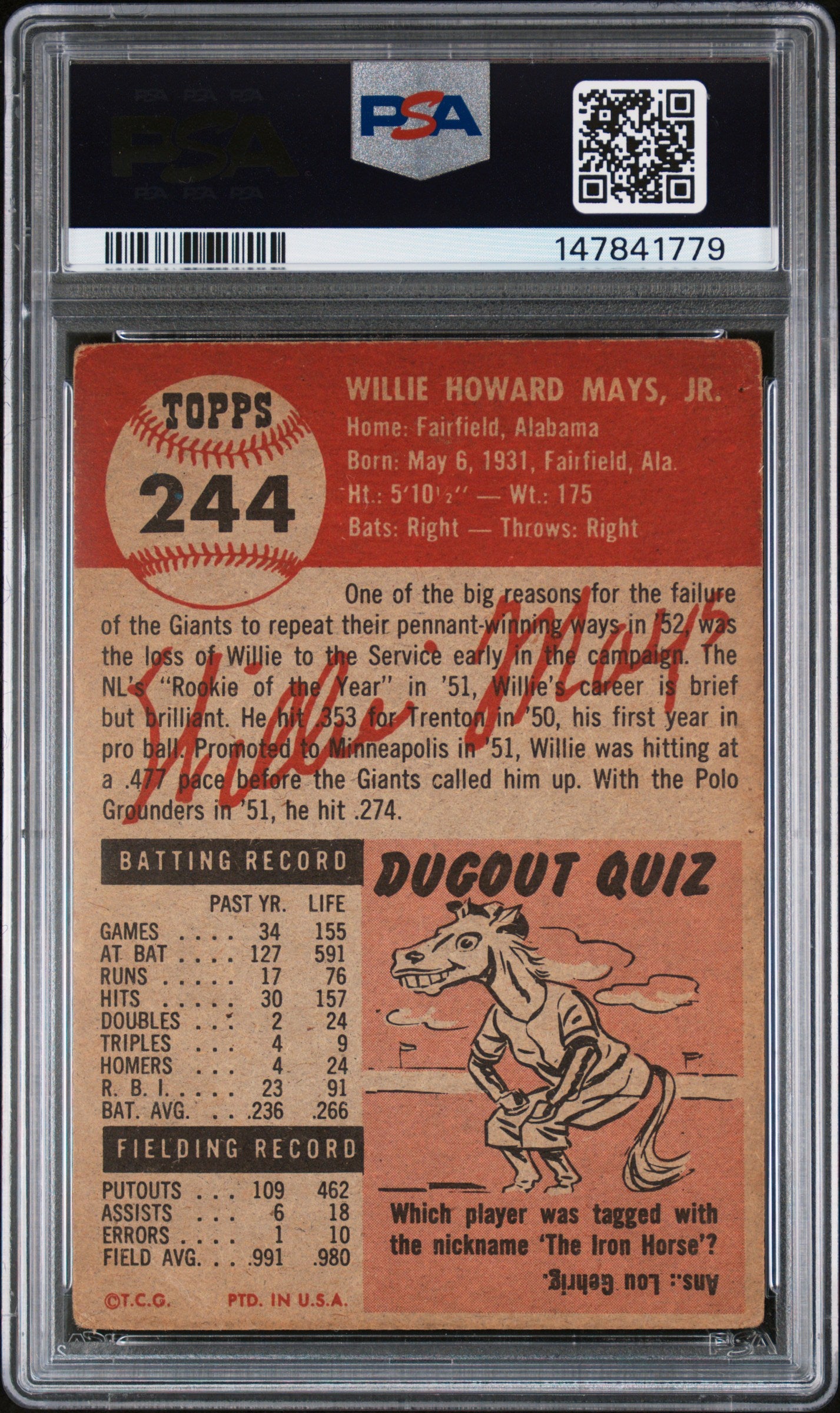 1953 Topps Willie Mays #244 PSA 1