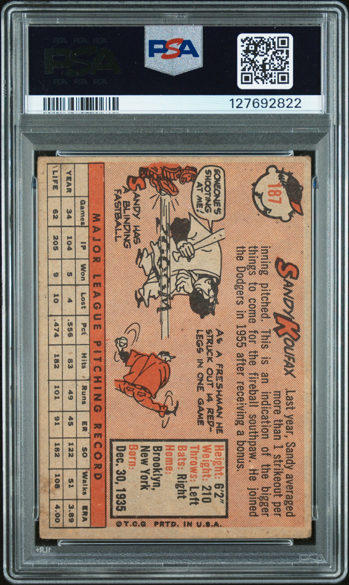 1958 Topps Sandy Koufax #187 PSA 2.5 Auto 10