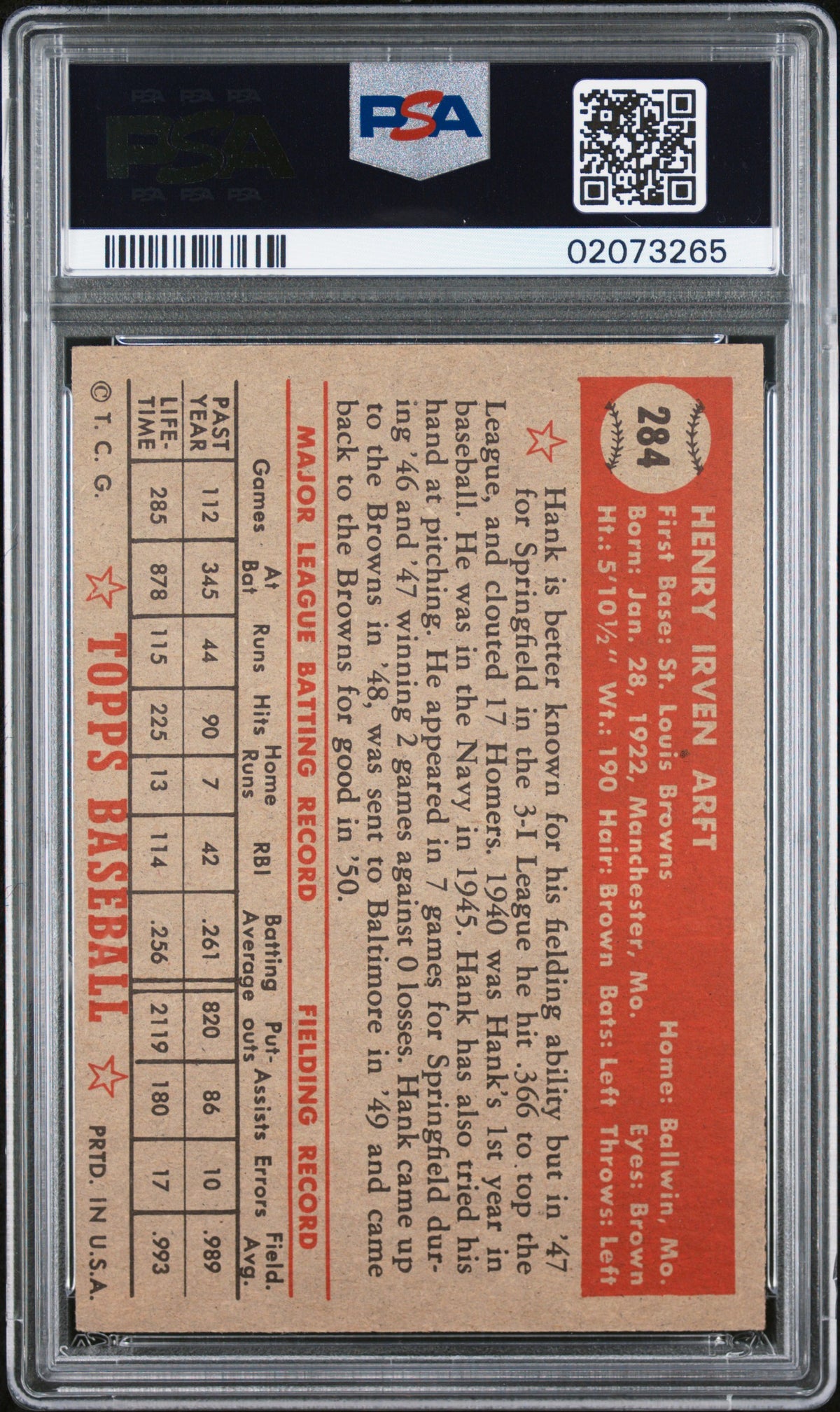 1952 Topps Hank Arft #284 PSA 7