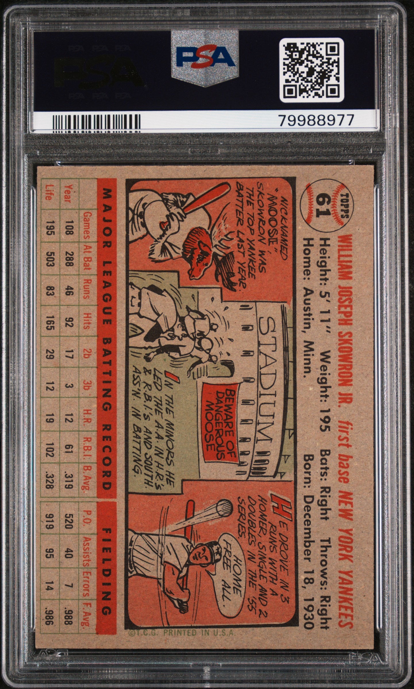 1956 Topps Bill Skowron #61 Gray Back PSA 7