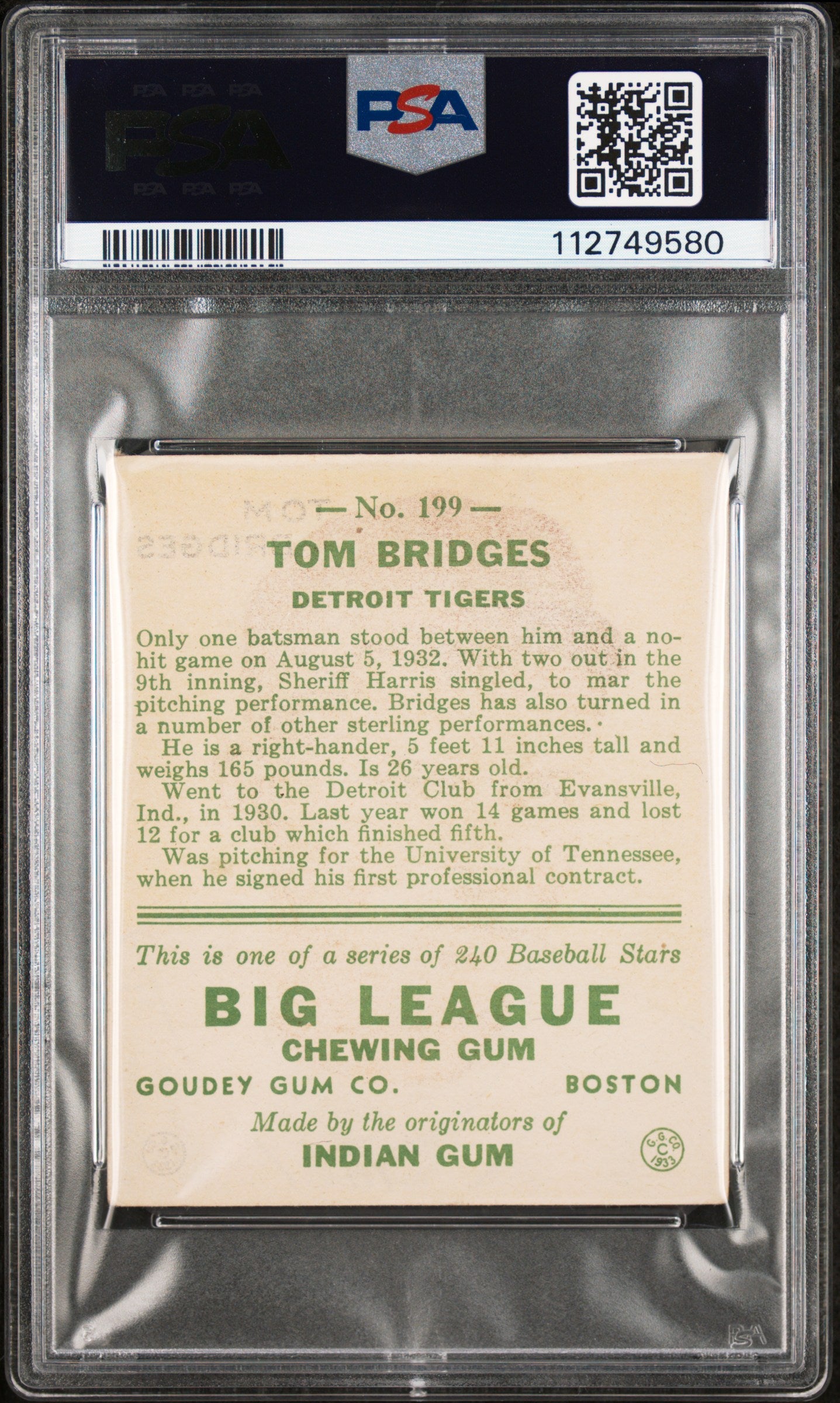 1933 Goudey Tom Bridges #199 PSA 2
