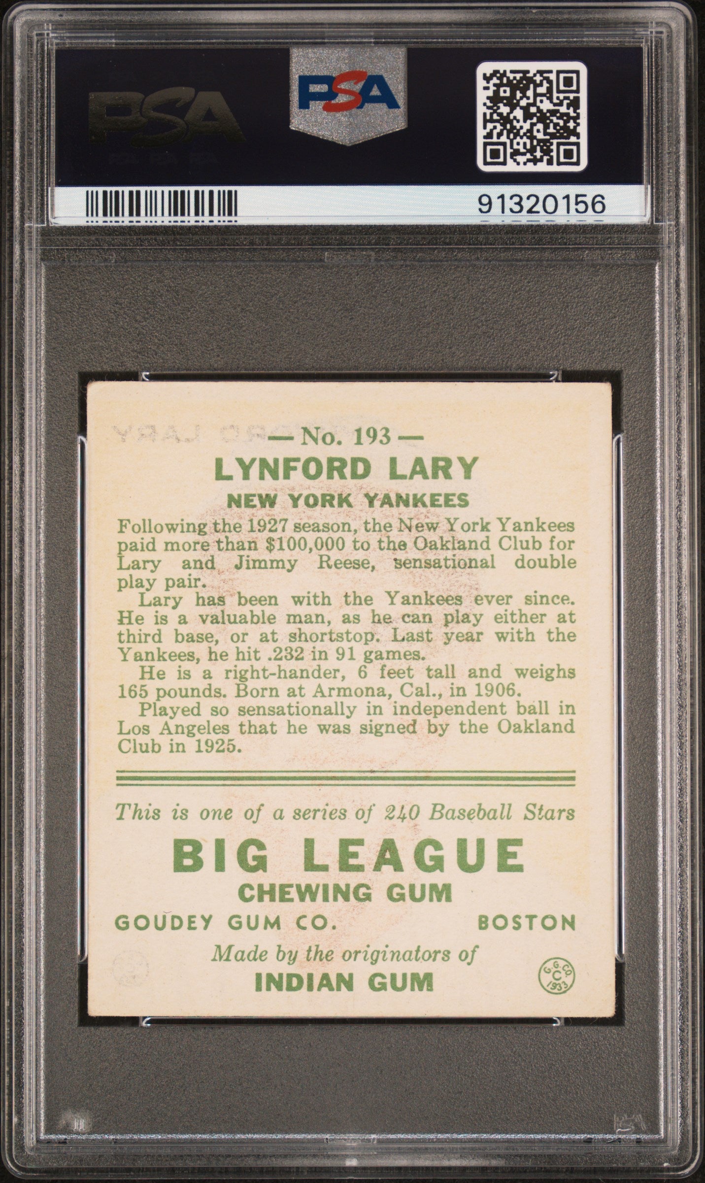1933 Goudey Lynford Lary #193 PSA 4.5