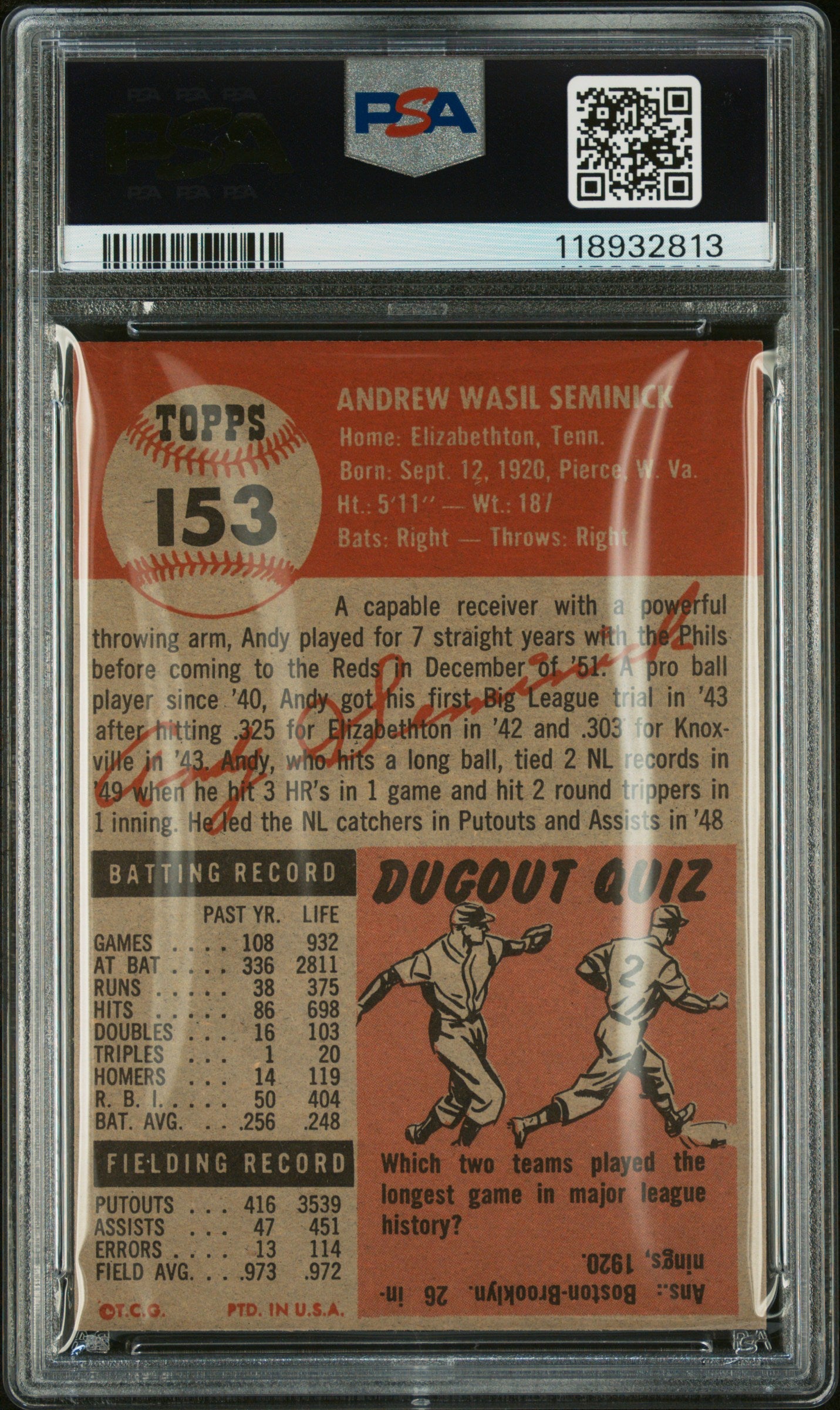 1953 Topps Andy Seminick #153 PSA 8 Oc