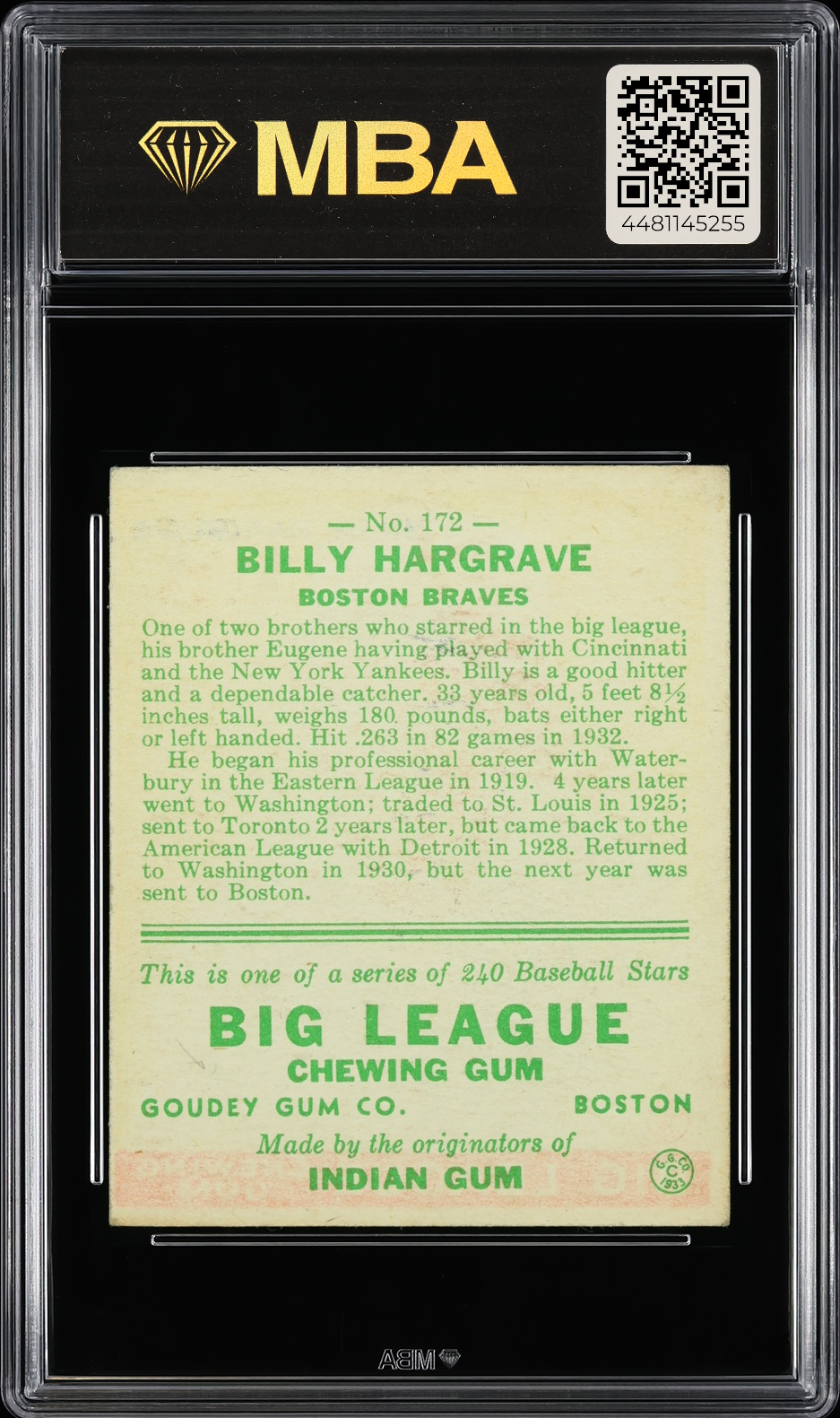 1933 Goudey Billy "Pinky" Hargrave #172 MBA 4