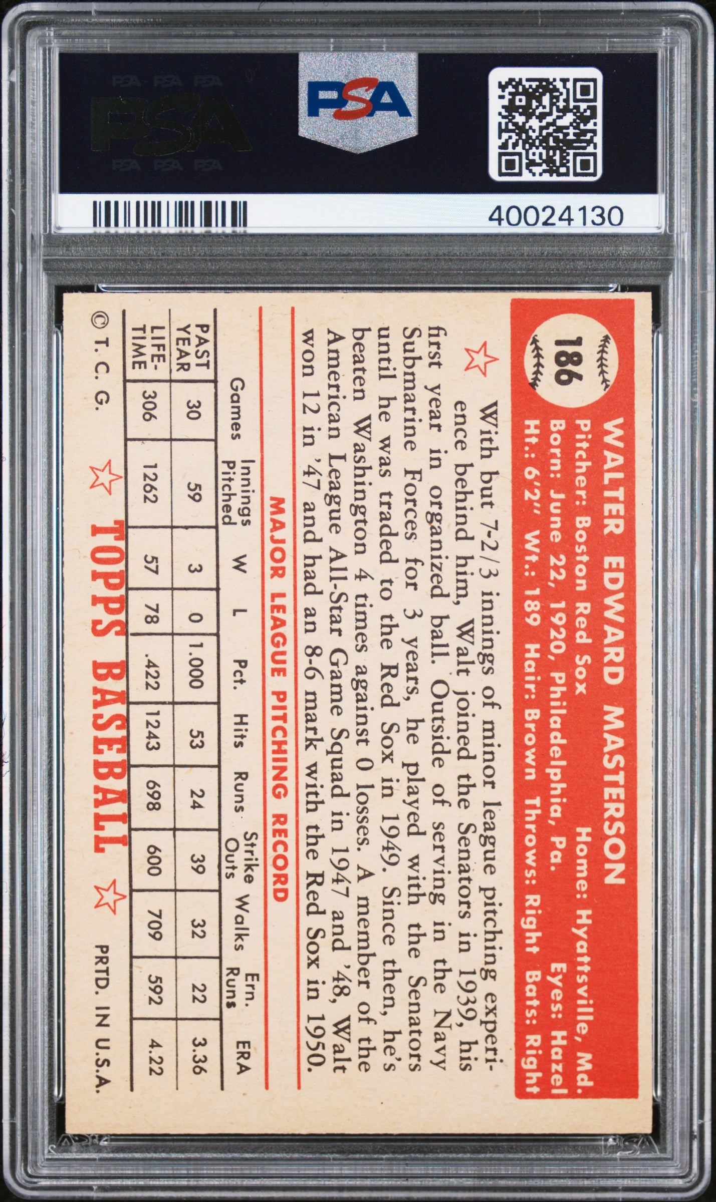 1952 Topps Walt Masterson #186 PSA 7