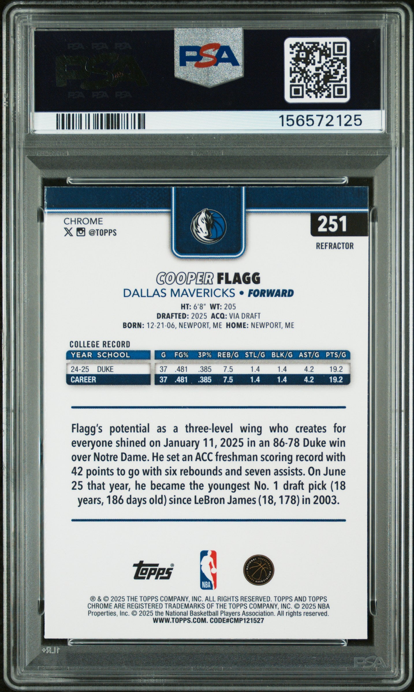 2025 Topps Chrome Cooper Flagg #251 Refractor PSA 10