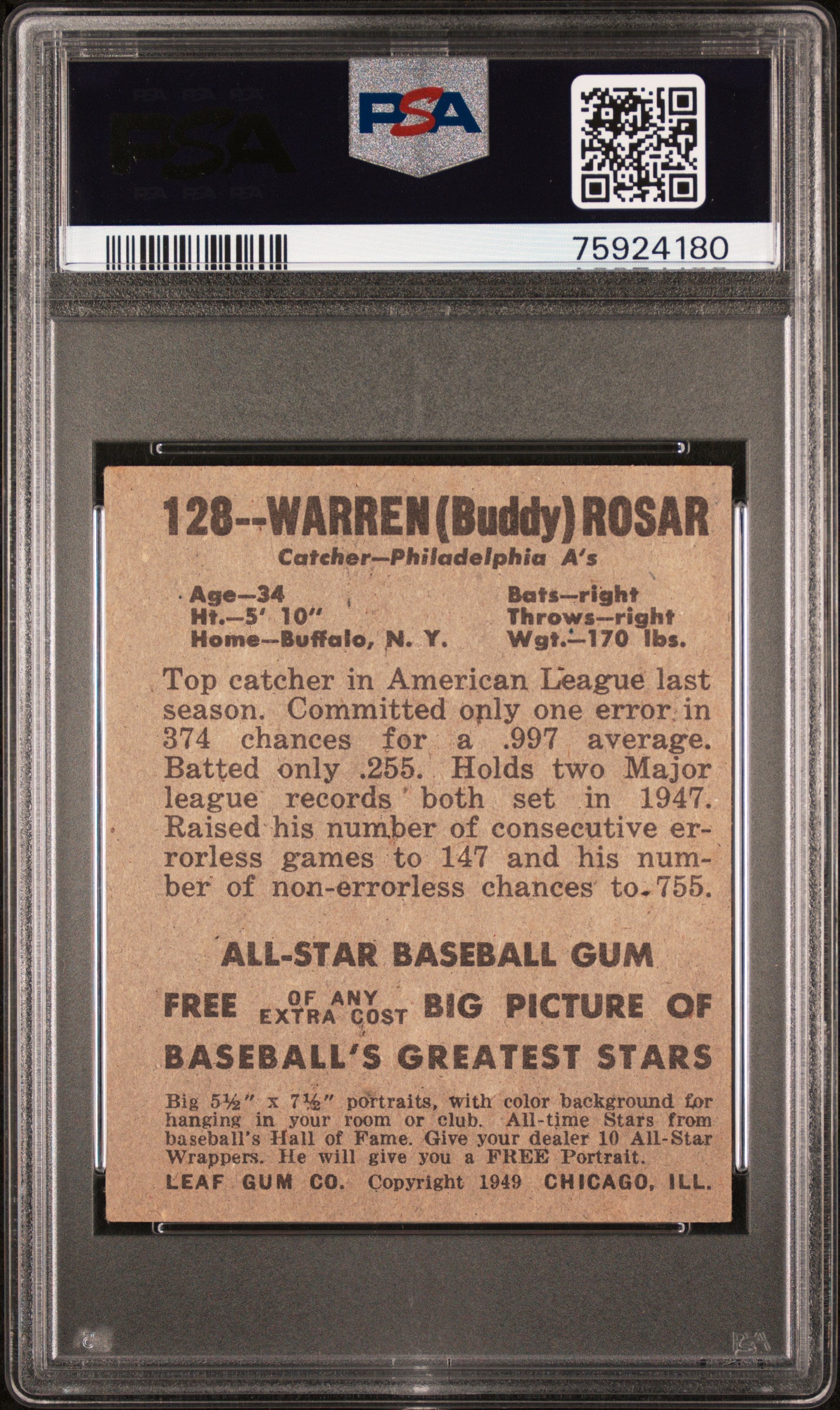 1948 Leaf Warren Rosar #128 PSA 4