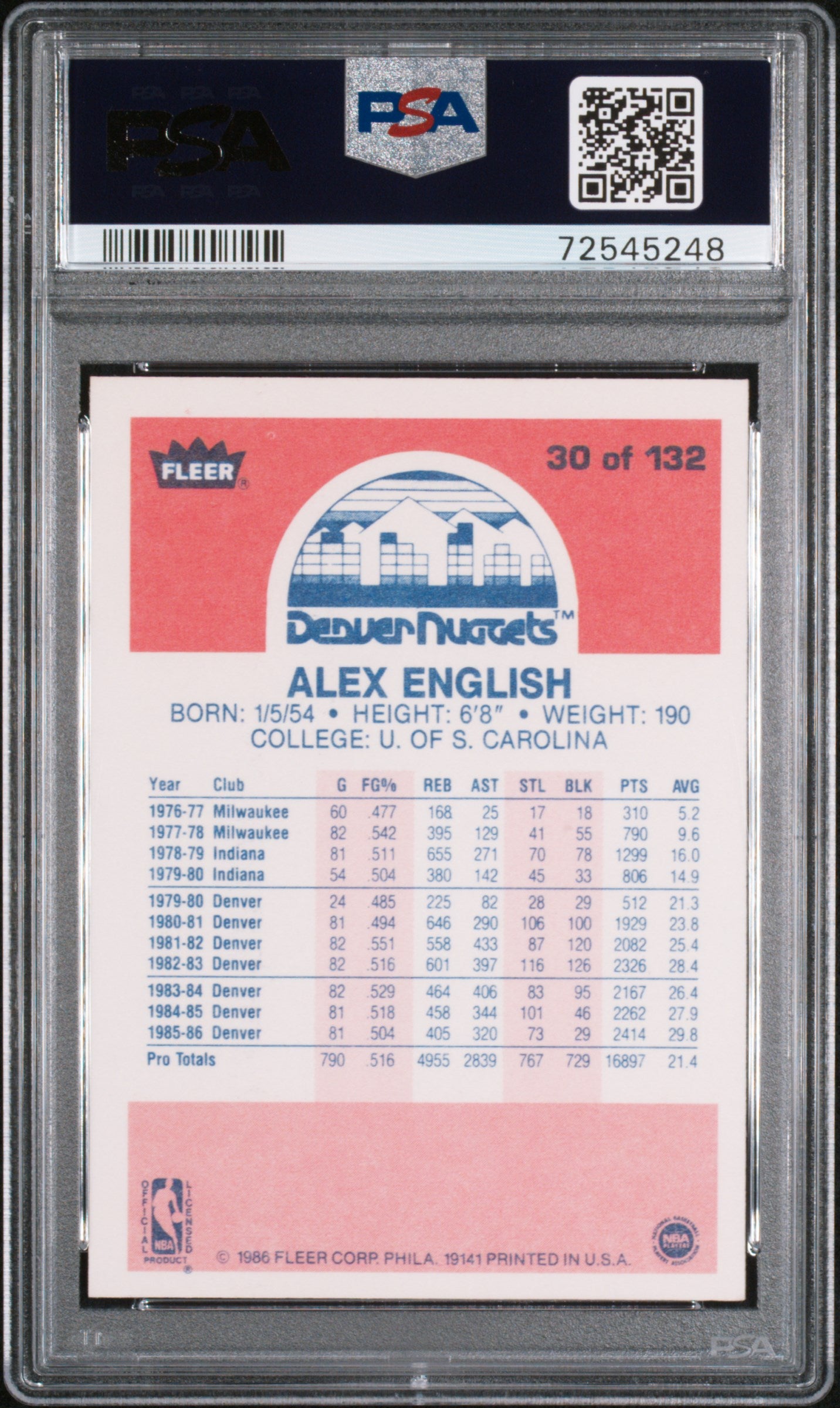 1986 Fleer Alex English #30 PSA 9