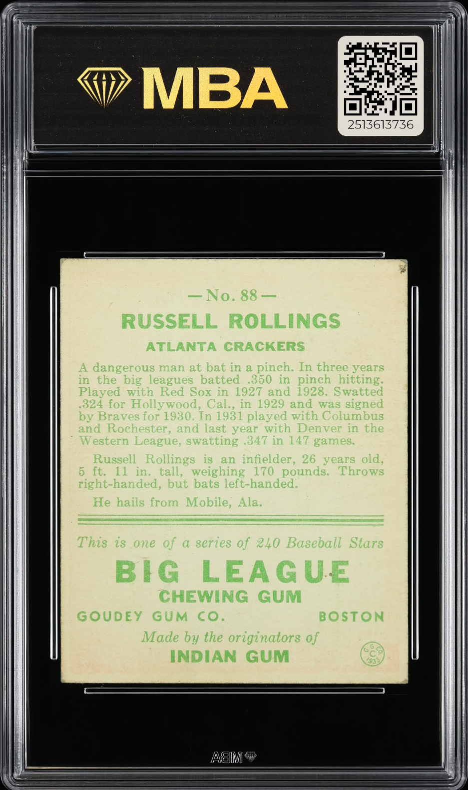 1933 Goudey Russell Rollings #88 MBA 4