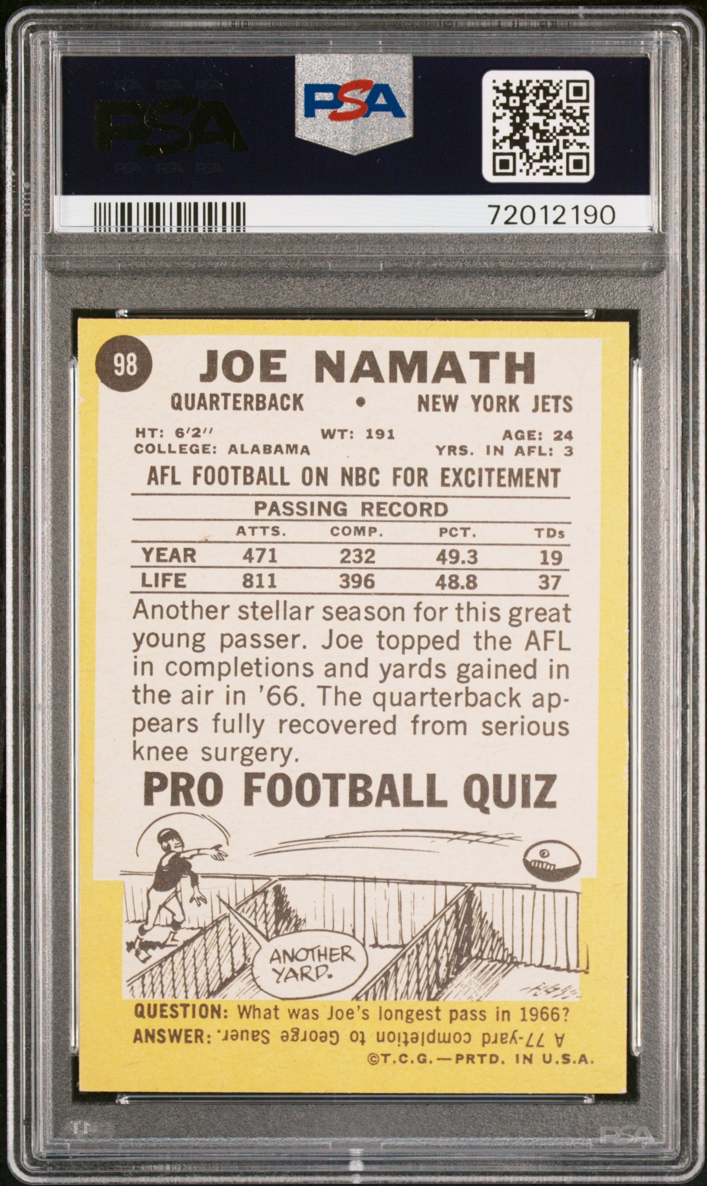 1967 Topps Milton Bradley Joe Namath #98 PSA 8