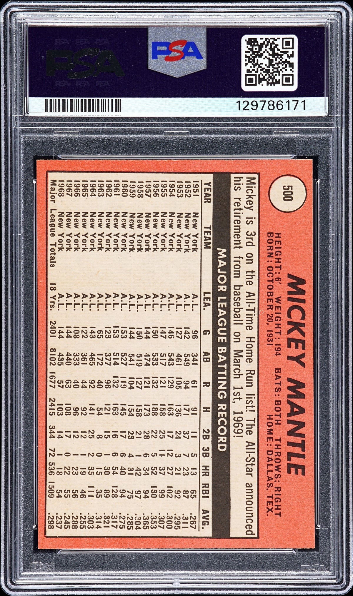 1969 Topps Mickey Mantle #500 Last Name In Yellow PSA 7
