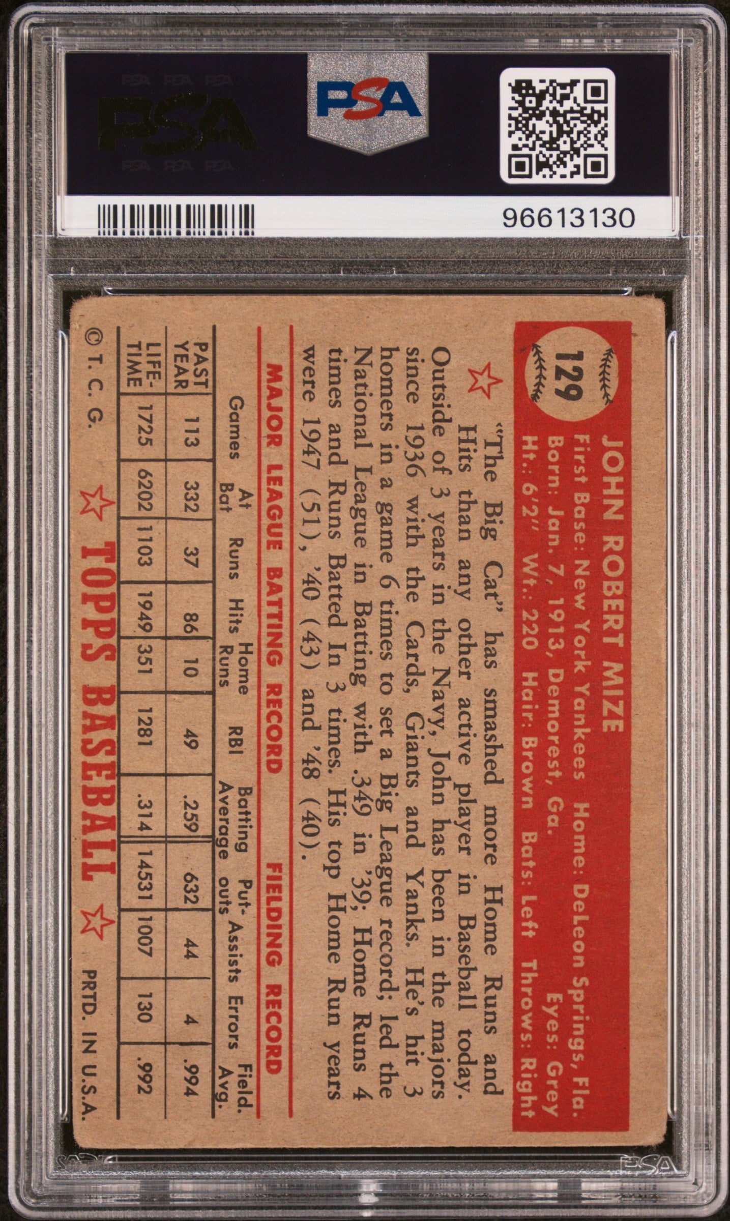 1952 Topps Johnny Mize #129 PSA A Auto 10