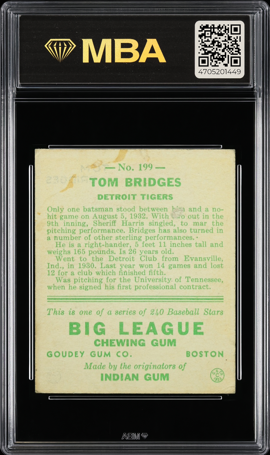 1933 Goudey Tom Bridges #199 MBA 2
