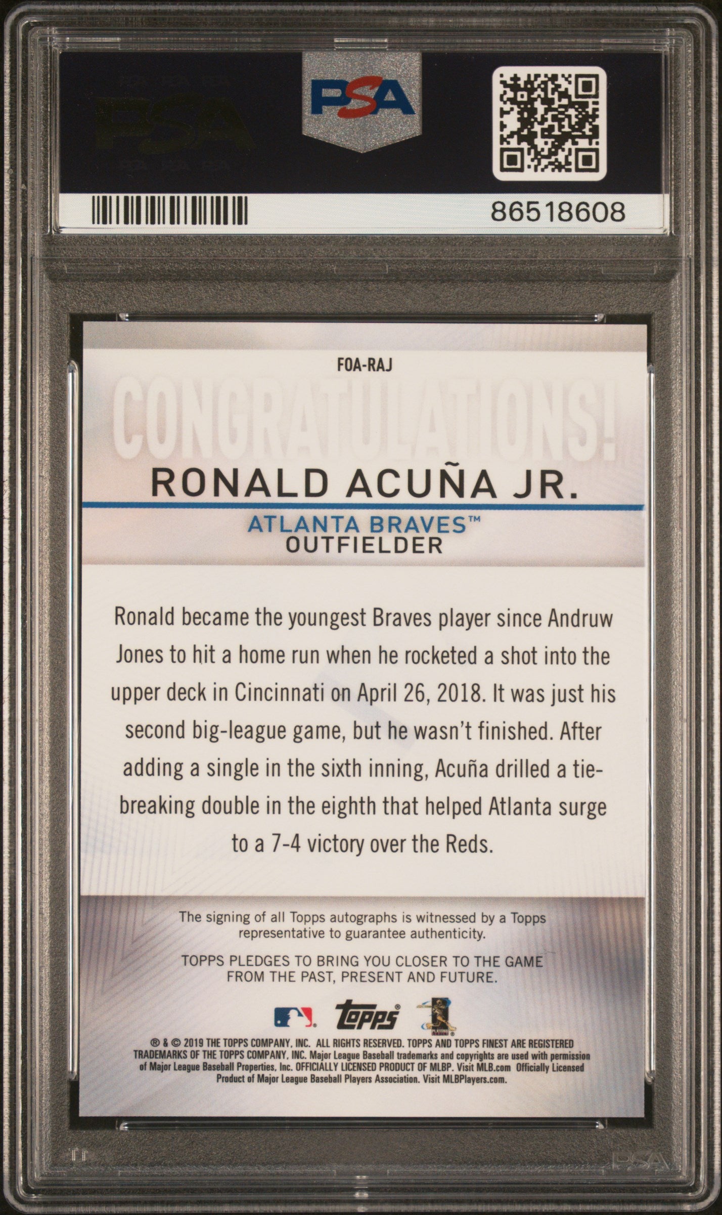 2019 Finest Origins Autograph Ronald Acuna JR  Refractor PSA 10 /25 Auto 10