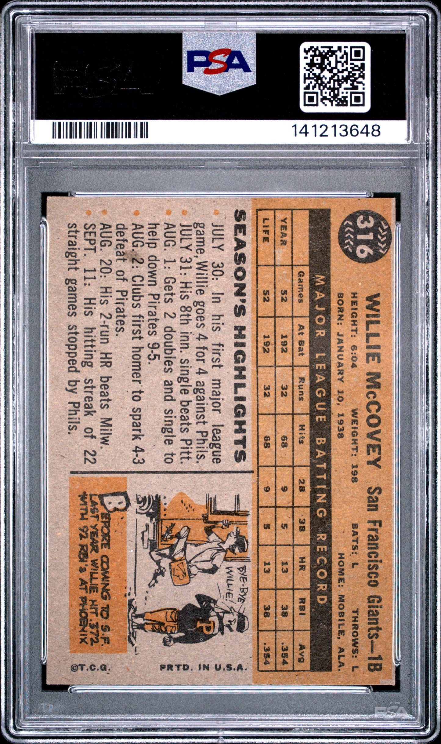 1960 Topps Willie Mccovey #316 All Star Rookie PSA 3