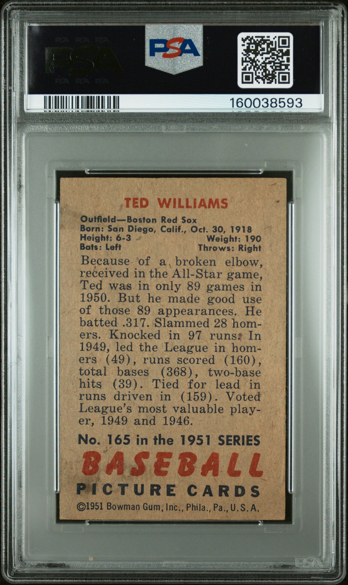 1951 Bowman Ted Williams #165 PSA 4