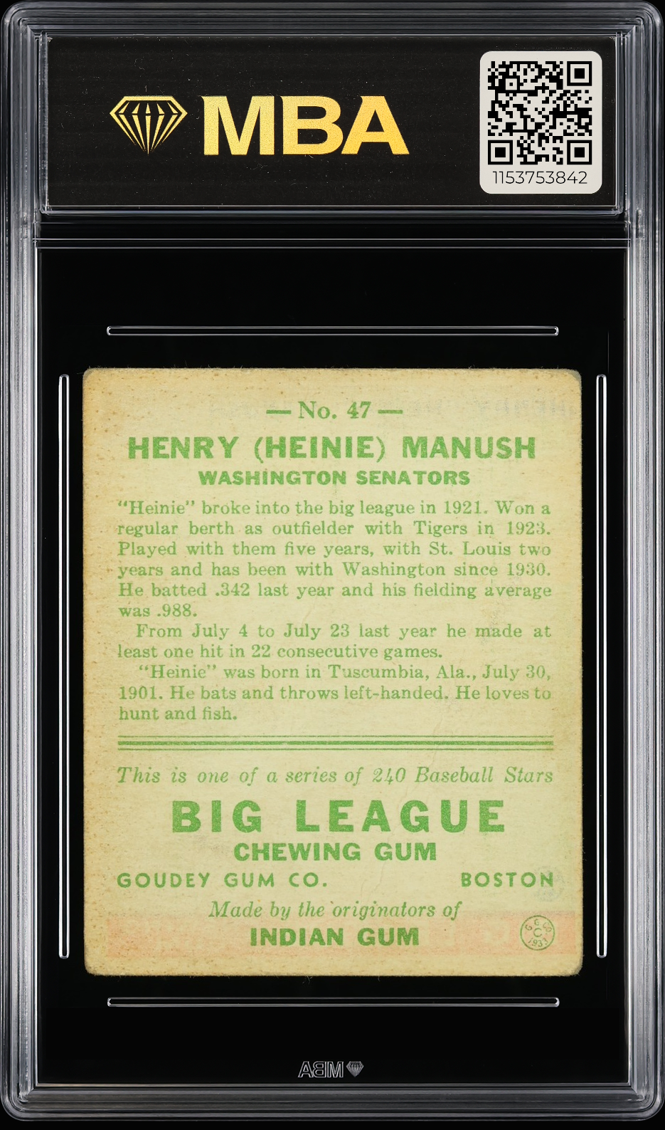 1933 Goudey Heinie Manush #47 MBA 2
