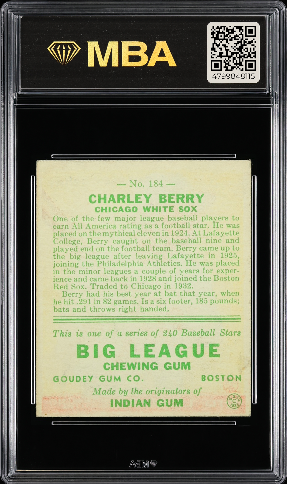 1933 Goudey Charley Berry #184 MBA 5