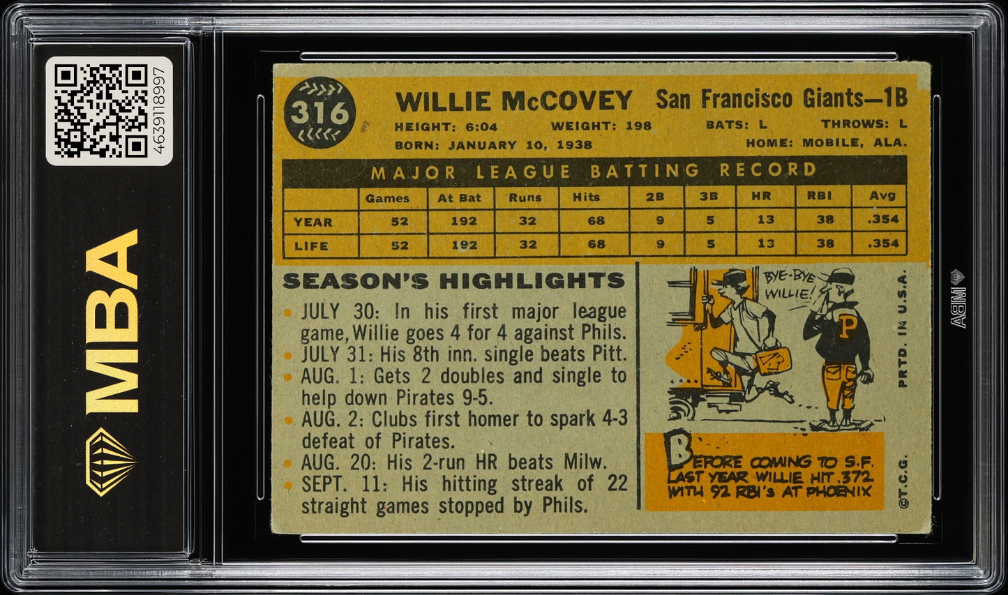 1960 Topps Willie McCovey #316 All-Star Rookie MBA 3