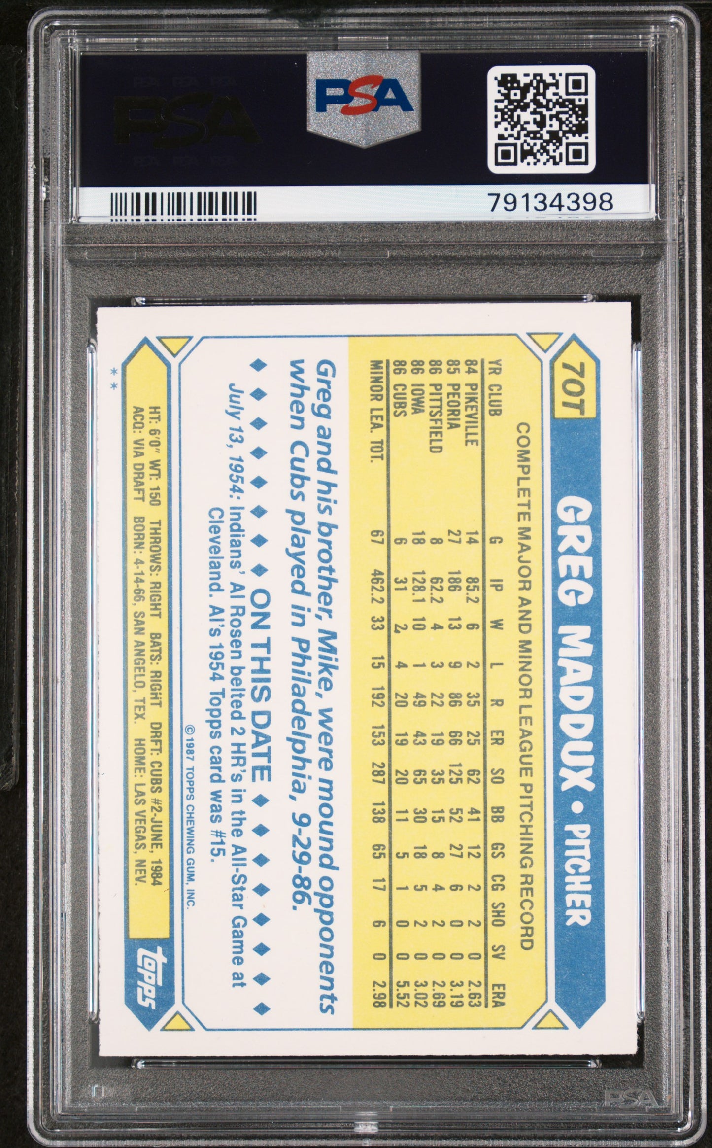 1987 Topps Traded Greg Maddux #70T PSA 9 Auto 10