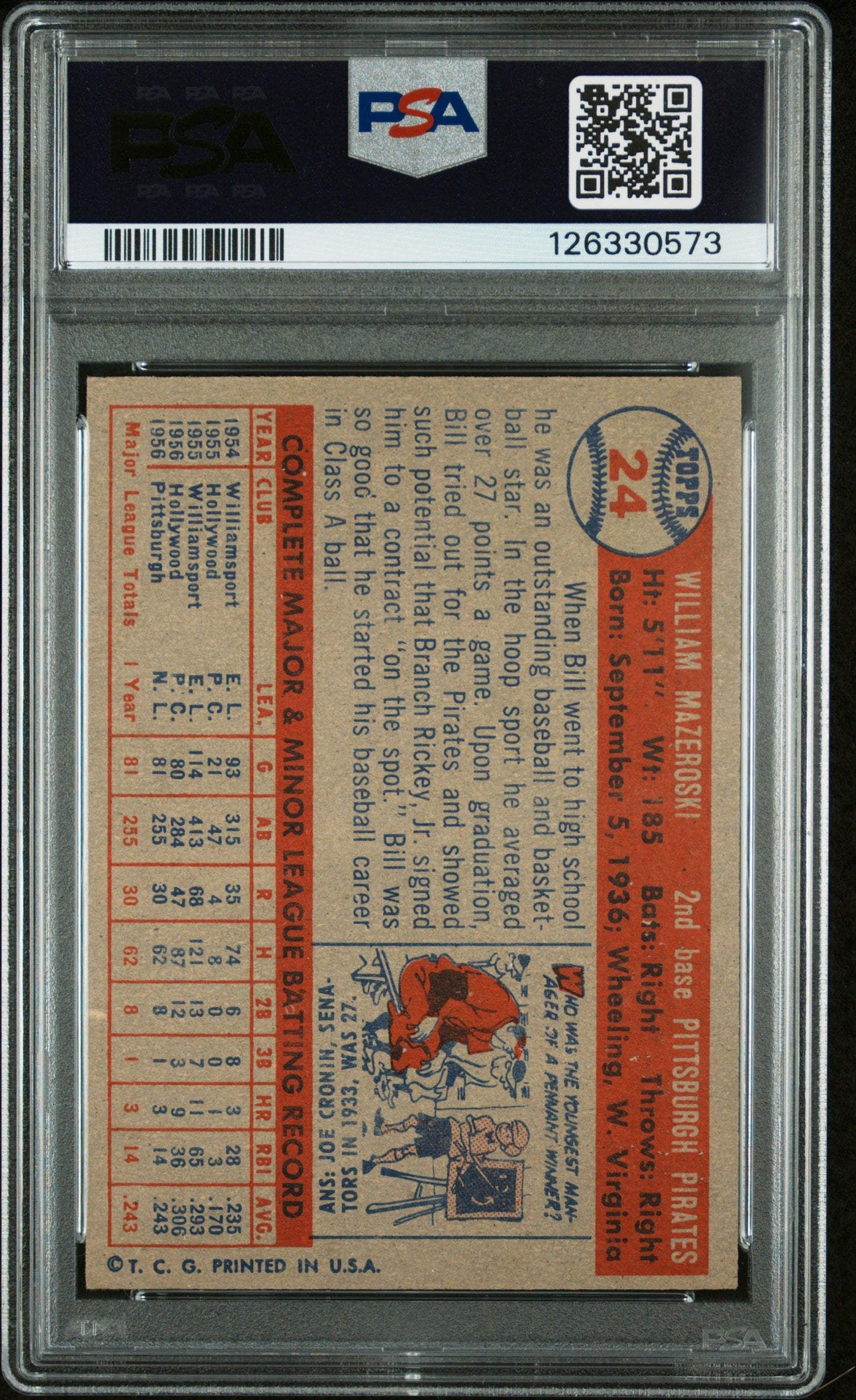 1957 Topps Bill Mazeroski #24 PSA 7 Auto 10