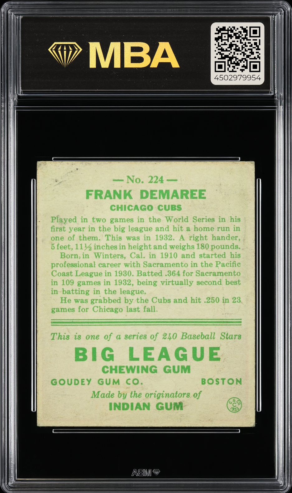 1933 Goudey Frank Demaree #224 MBA 3