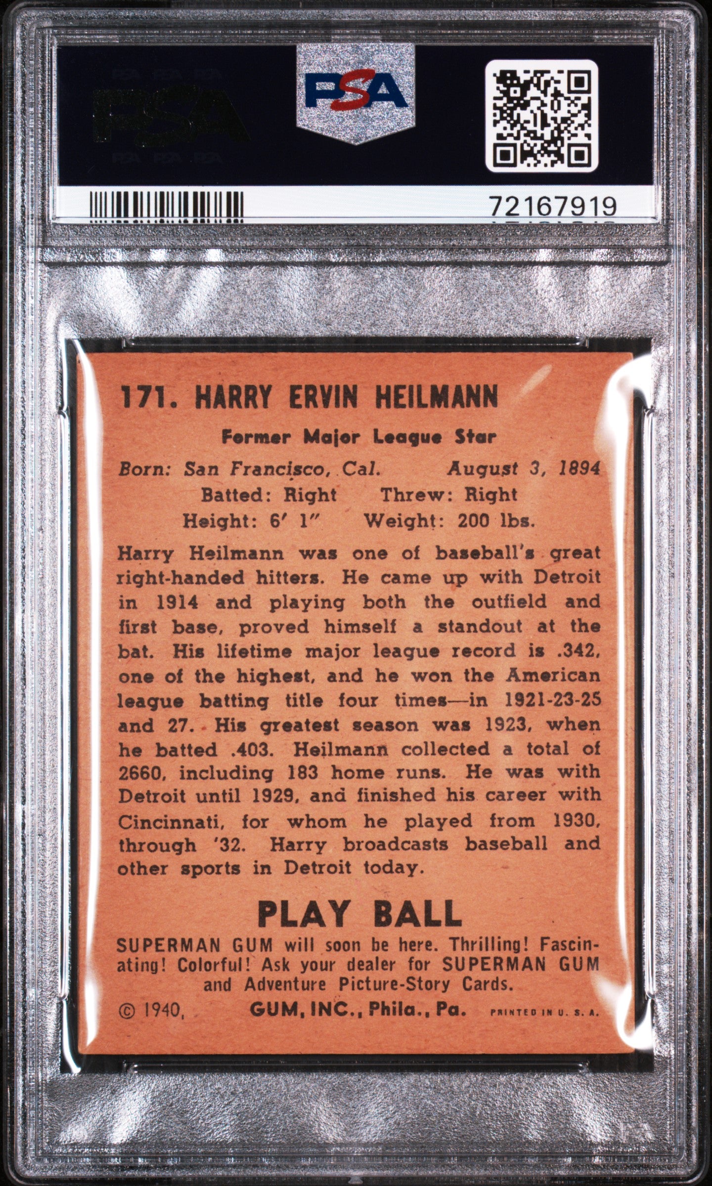 1940 Play Ball Harry Heilmann #171 PSA 5
